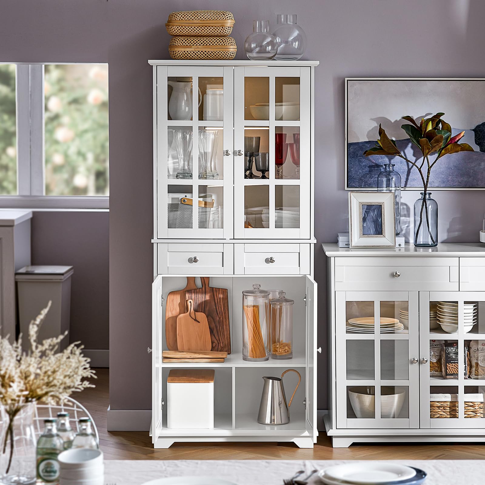 SoBuy Credenza Alta per Cucina Mobile Buffet in Legno con 6 scomparti e 2 cassetti Armadio Dispensa in Stile moderno Bianco 75x40x175cm FSB76-W
