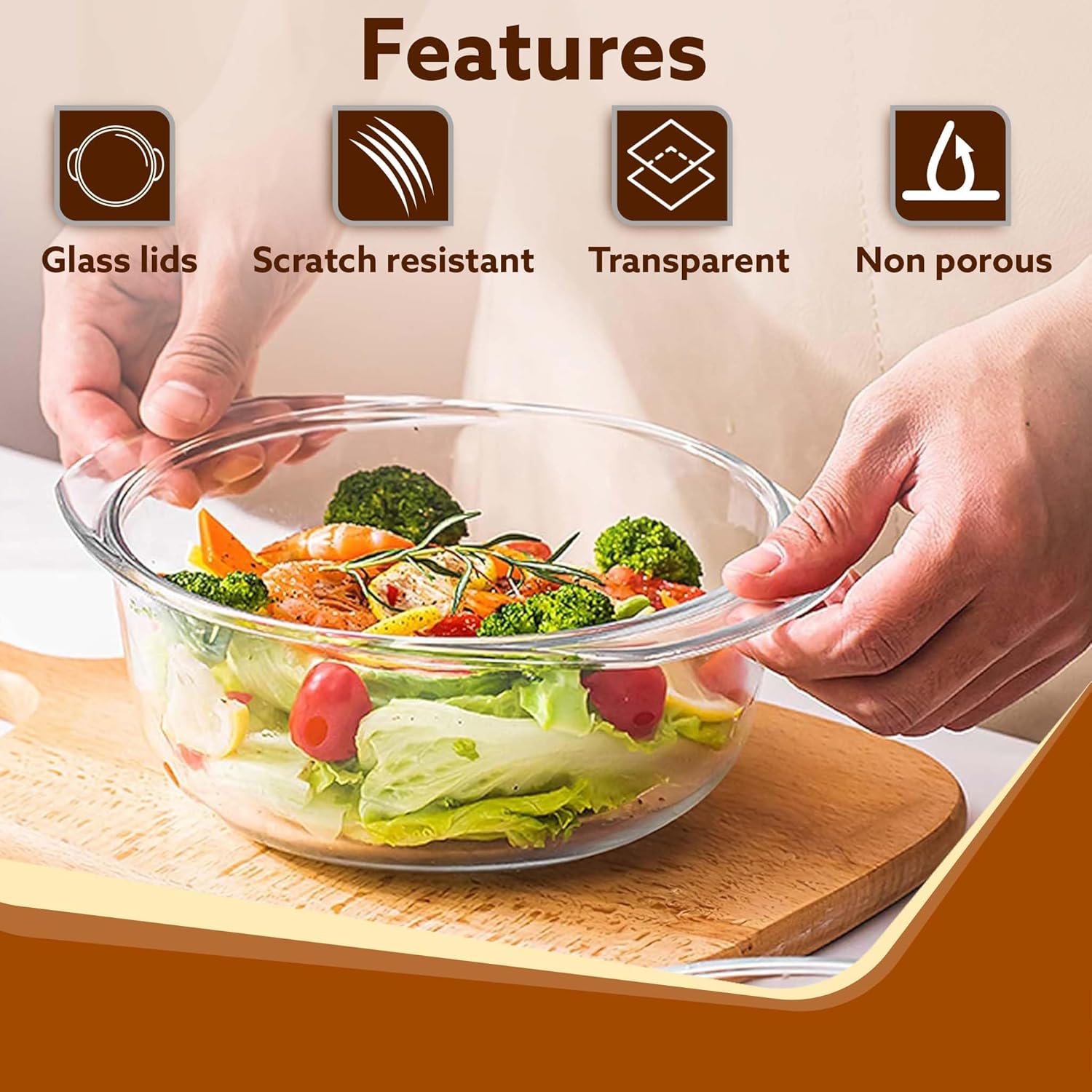 AGARO Elite Glass Casserole with Lid, Borosilicate Glass, Microwave Oven Safe, Round, Transparent, Serving Bowl, 1500ml