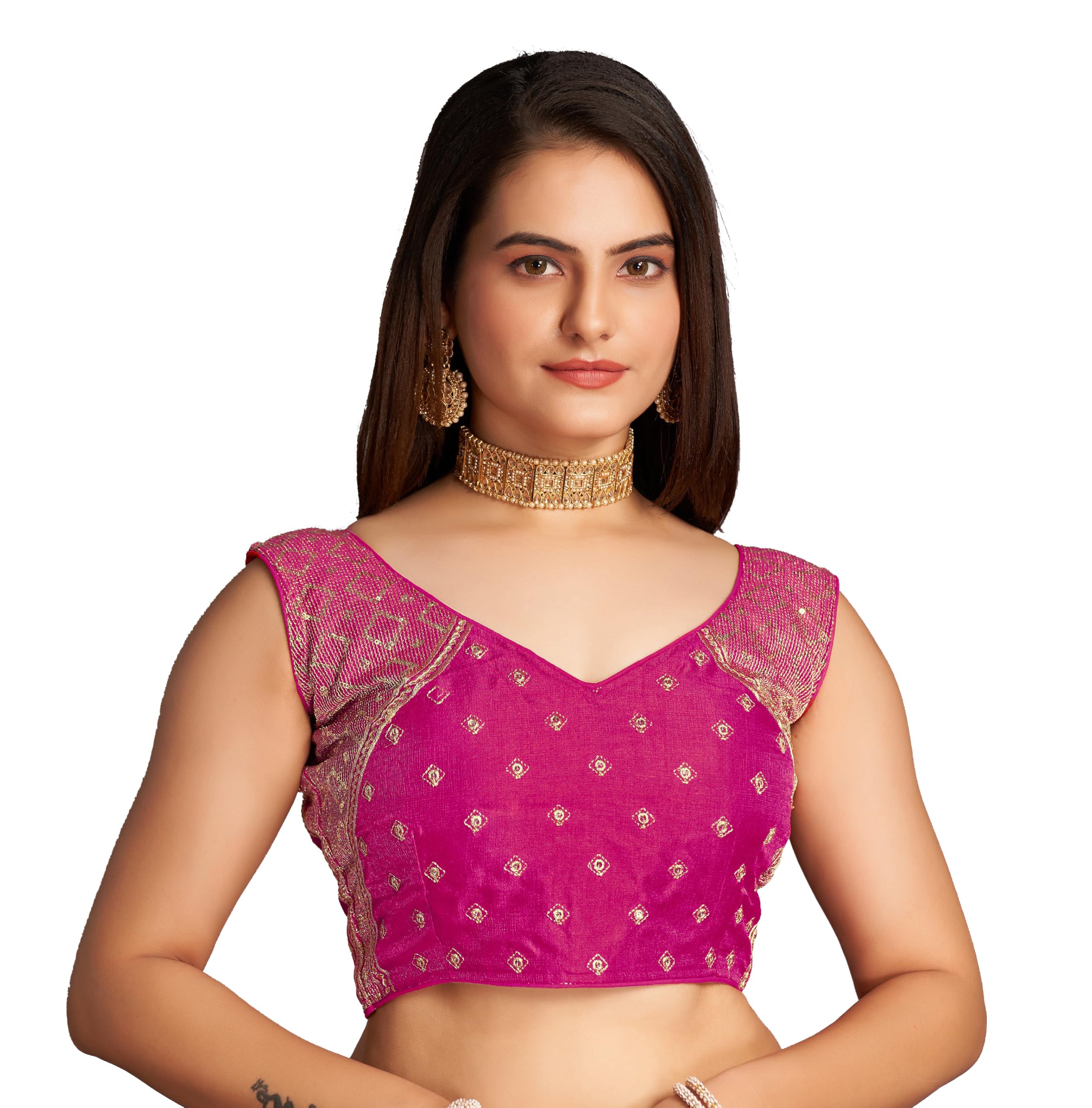 Pujia Mills Women's Sequin Embroidered V Neck Sleeveless Pink Readymade Saree Blouse Indian Ethnic Stitched Padded Blouses For Women