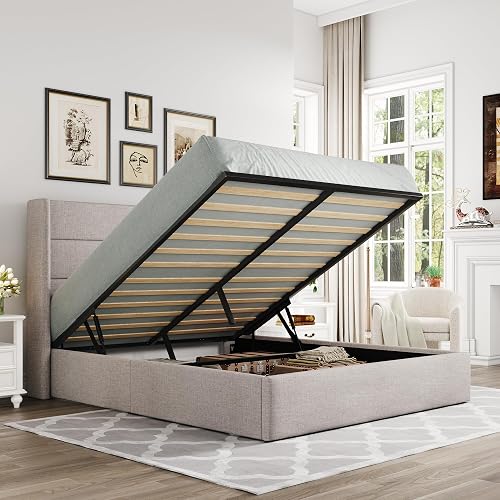 Allewie Full Size Lift Up Storage Bed, Modern Wingback Headboard,