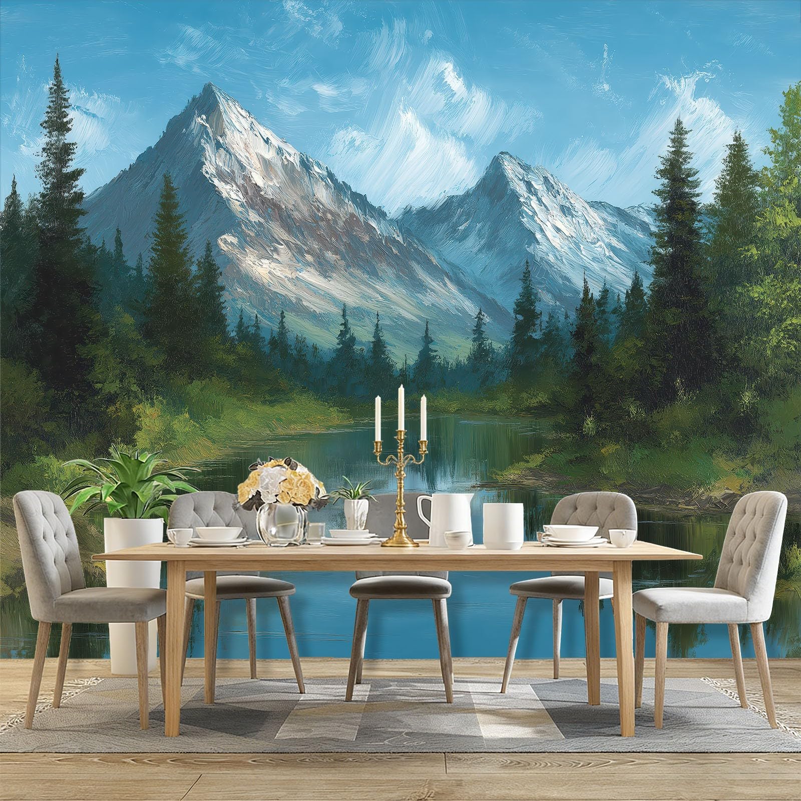Tapeta z motywem 250 x 175 cm, krajobraz górski w stylu retro jezioro, wesoła tapeta z motywem do pokoju dziecięcego i kącika do majsterkowania, niebiesko-zielona