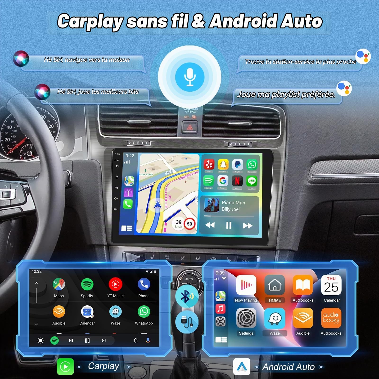Autoradio pour Volkswagen VW Golf 7 2012-2020 avec Carplay & Android Auto | 2G+64G Autoradio à Écran Tactile 9 Pouces avec Wireless Carplay & Android Auto, WiFi, Navigation GPS, Bluetooth, FM RDS