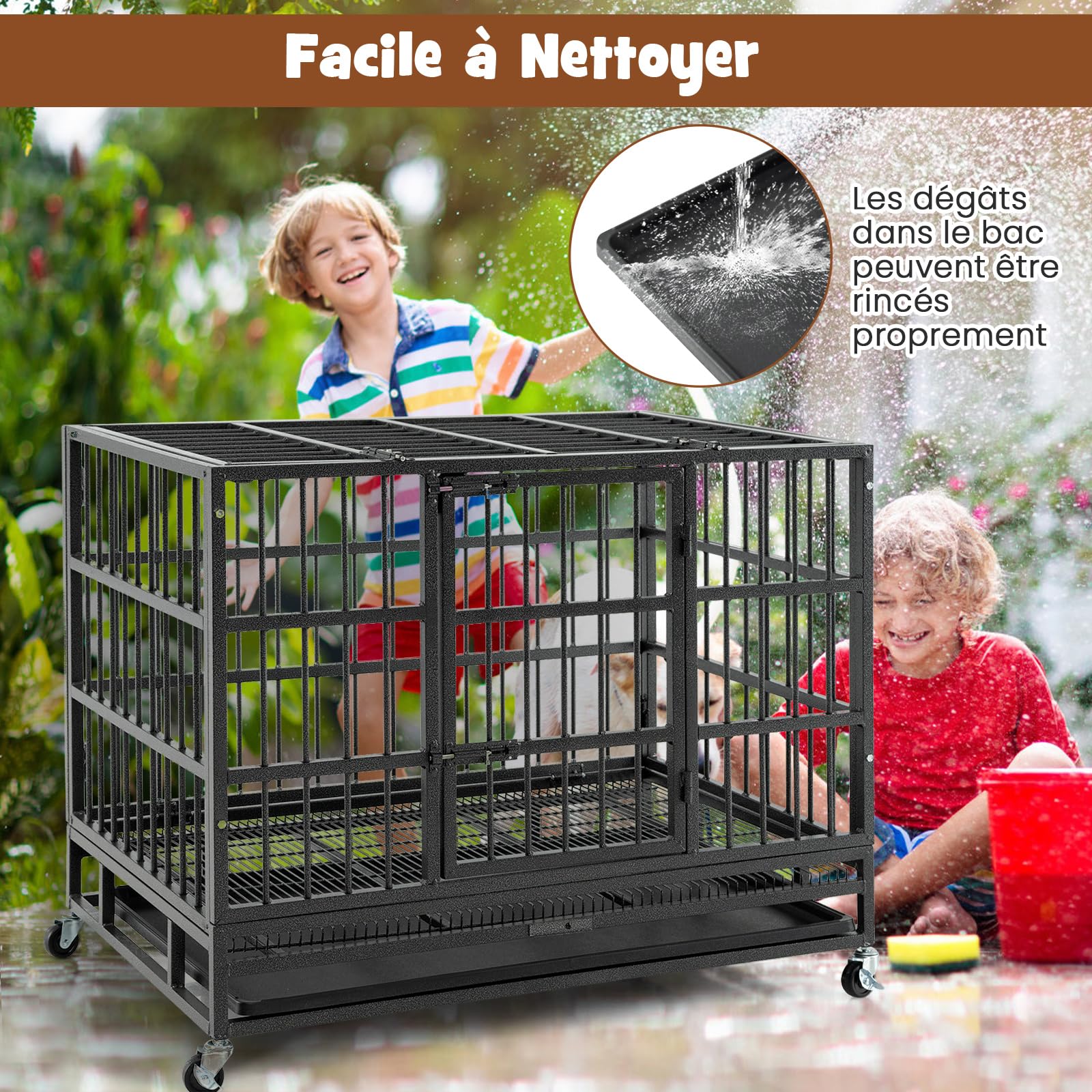 GOPLUS Cage pour Chien Pliable en Métal avec 4 Roues Universelles, 96 x 65 x 77CM, Chenil pour Chien Extérieur avec Double Portes Verrouillables, Plateau Coulissant Amovible, pour Intérieur Extérieur