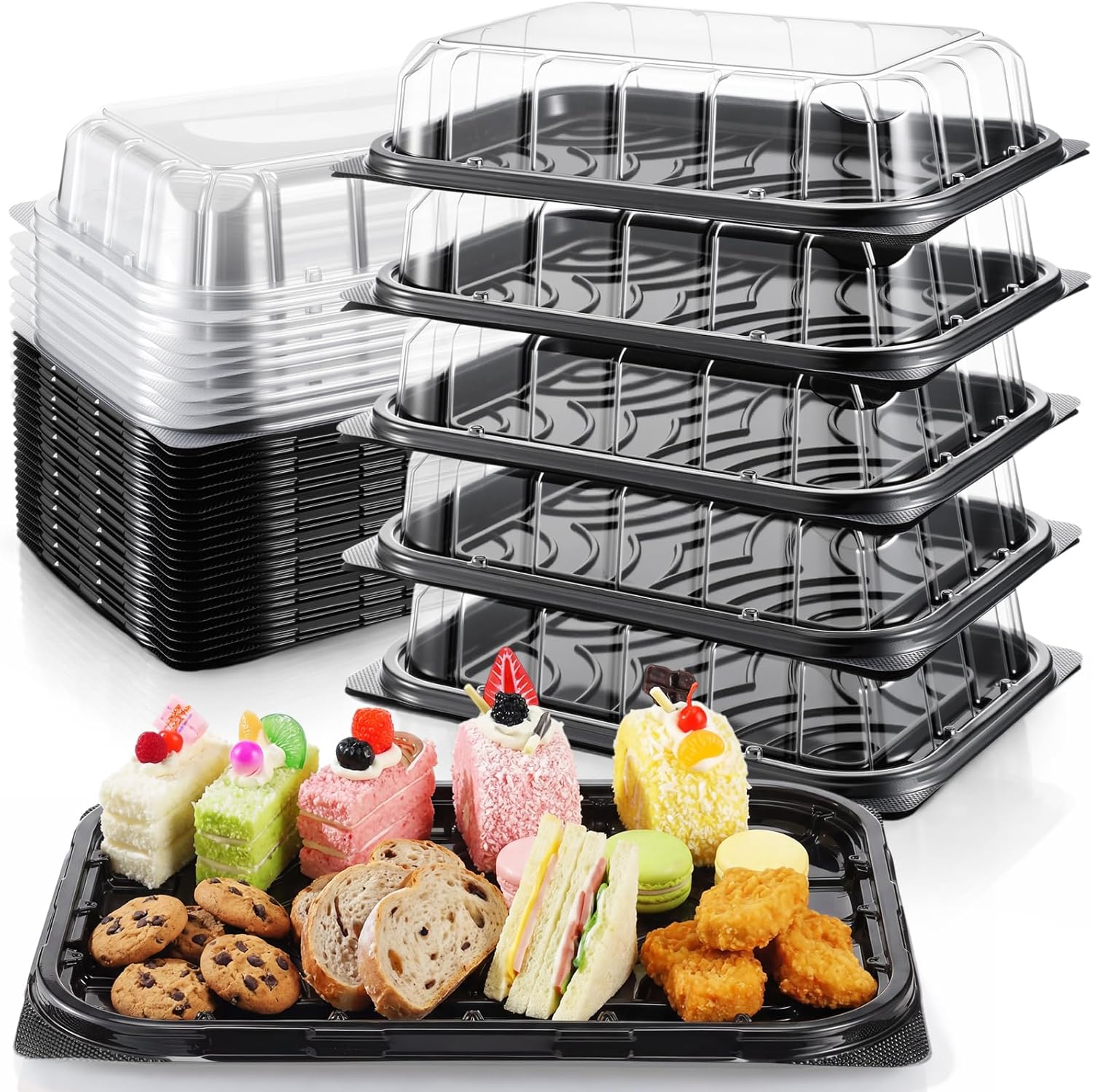 20 Packs Catering Trays with Lids, 12x8.5 Inch Heavy Duty Reusable Plastic Serving Trays with Lids, Catering Cookie Platter for Fruit Desserts Meal Prep Treats and Sandwiches for Travel Party