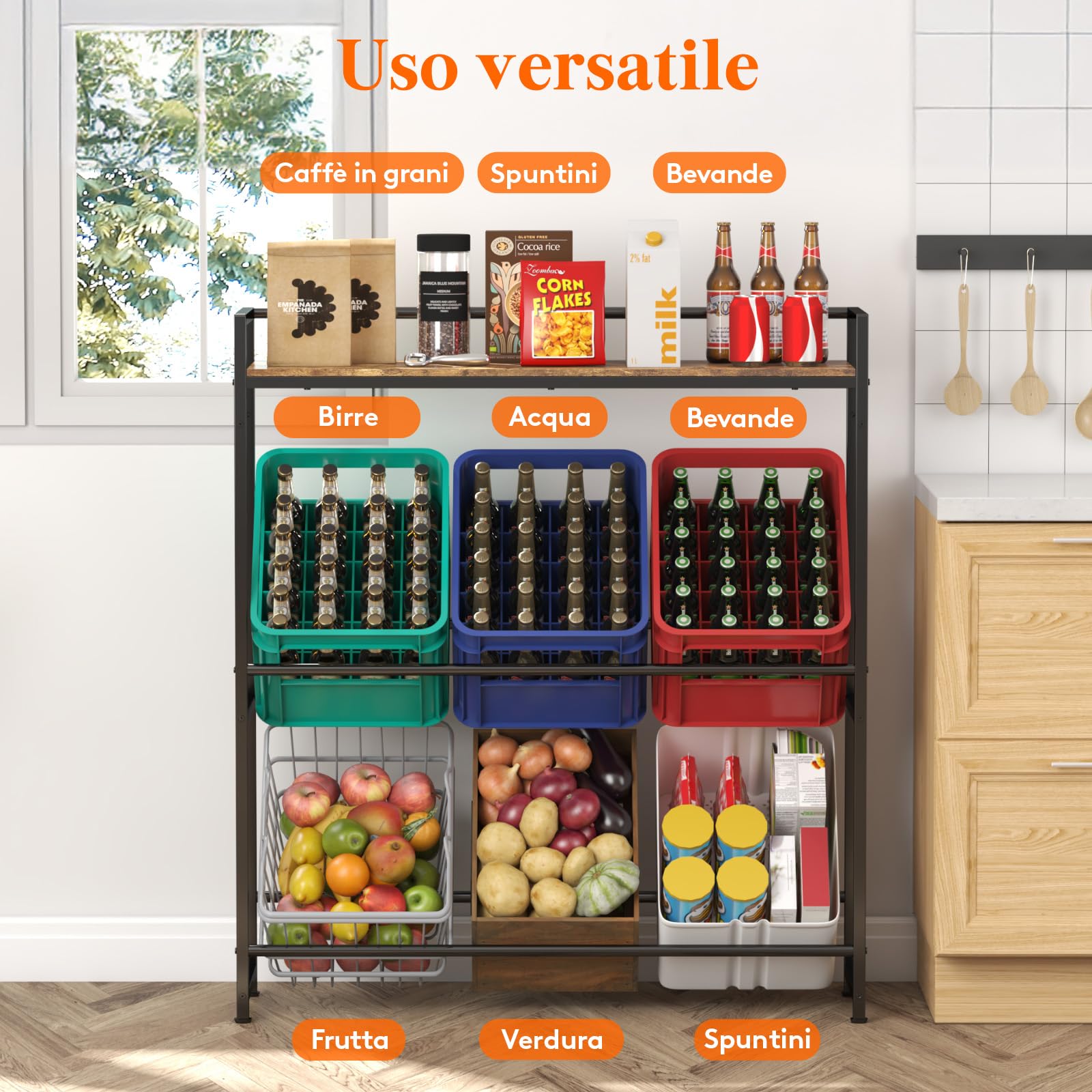 Lifewit Porta per Bottiglie, 32x104x117,3 cm Scaffale per Bottiglie in Metallo per la Cucina,Mobile da Cucina per Bevande Birra Caffè Bustine di Succo di Frutta Latte, Portata 340 kg, Marrone Rustico