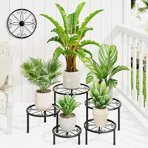 5 Pack Black Metal Plant Stand w/ Wide Trays Indoor