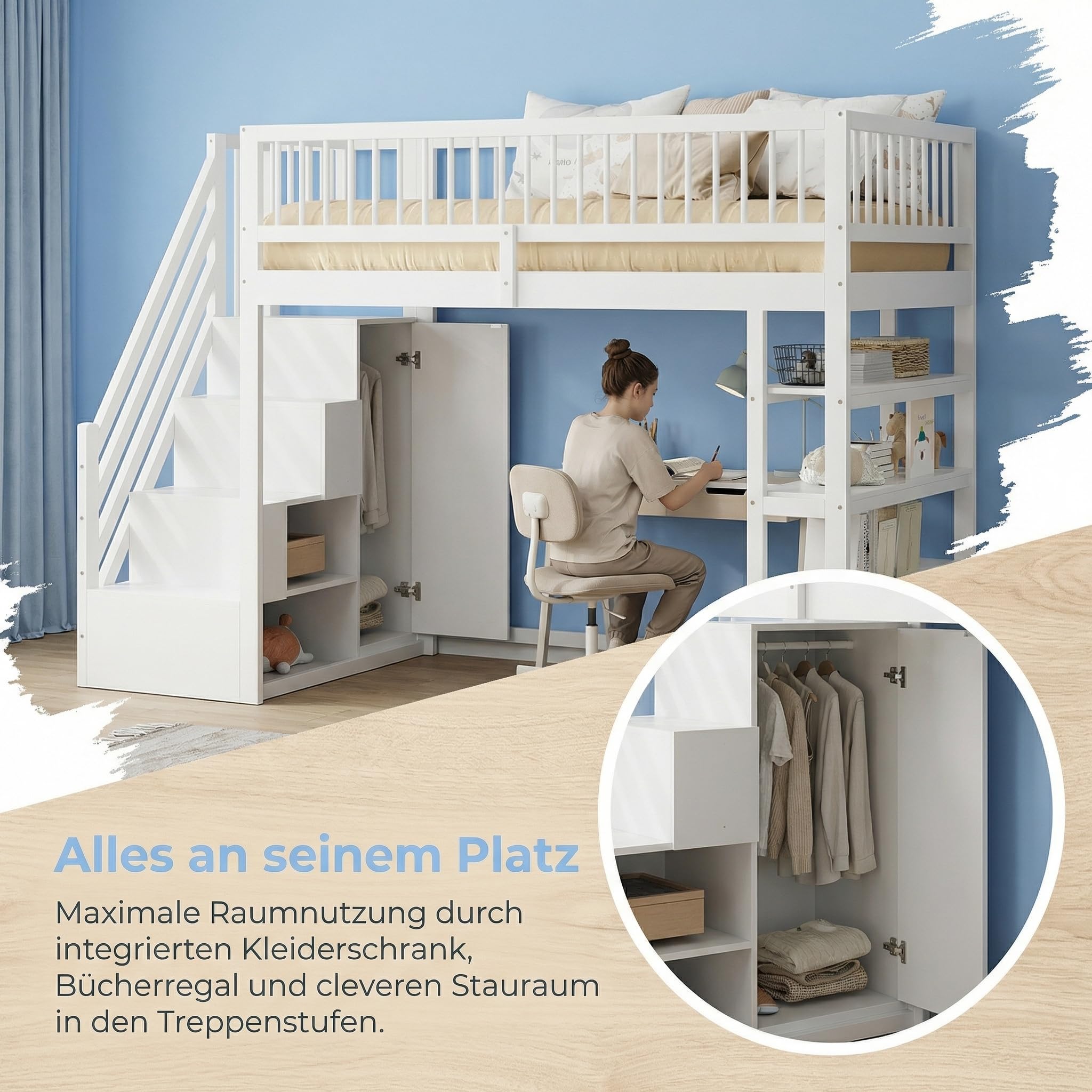 Hochbett 90x200 mit Kleiderschrank, Kinderbett Hochbett mit Treppe und Stauraum, Stockbett, Kinderhochbett, Ohne Matratze, Weiß