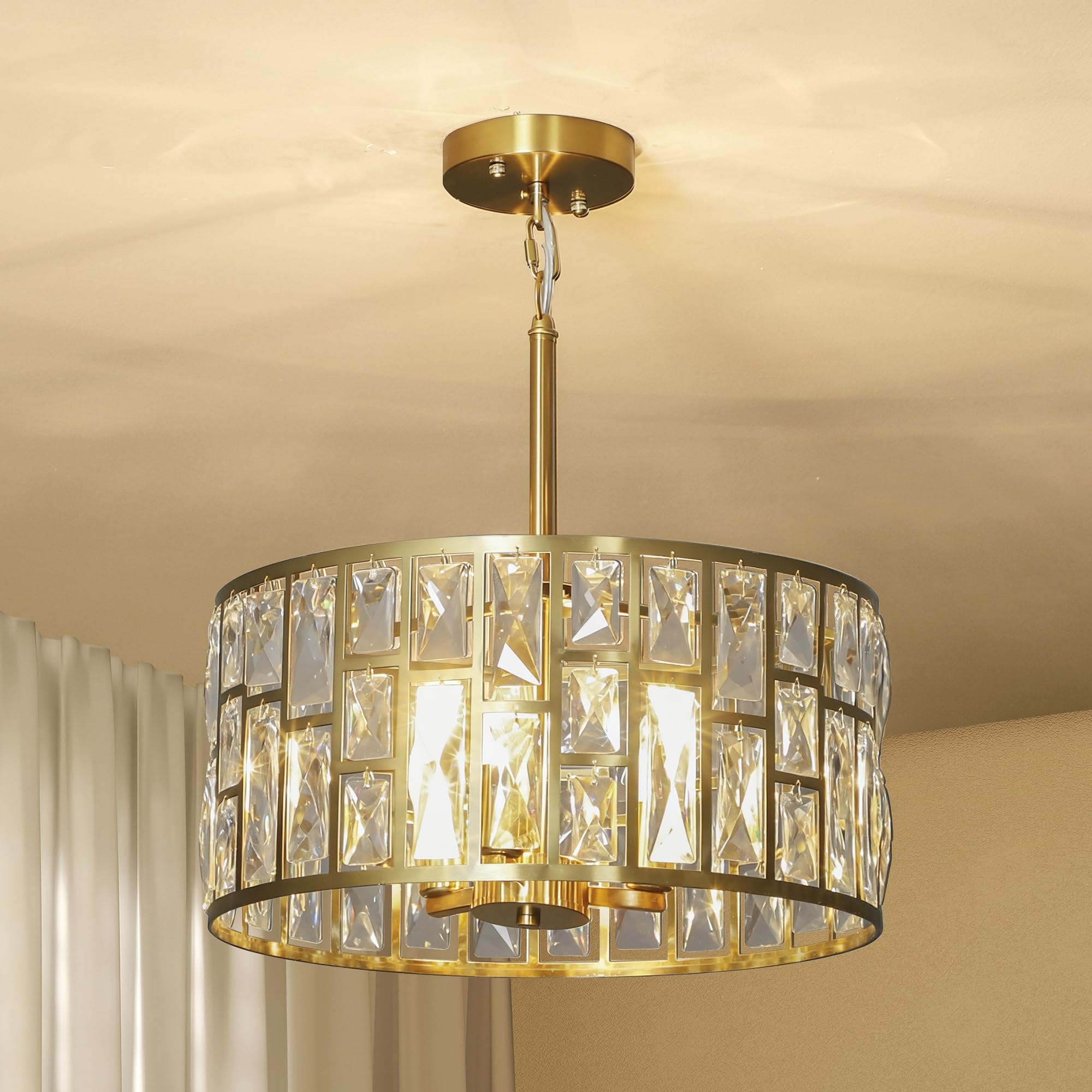 HOMCOM Flush Mount Ceiling Light - 3-Light Crystal Chandelier - Gold