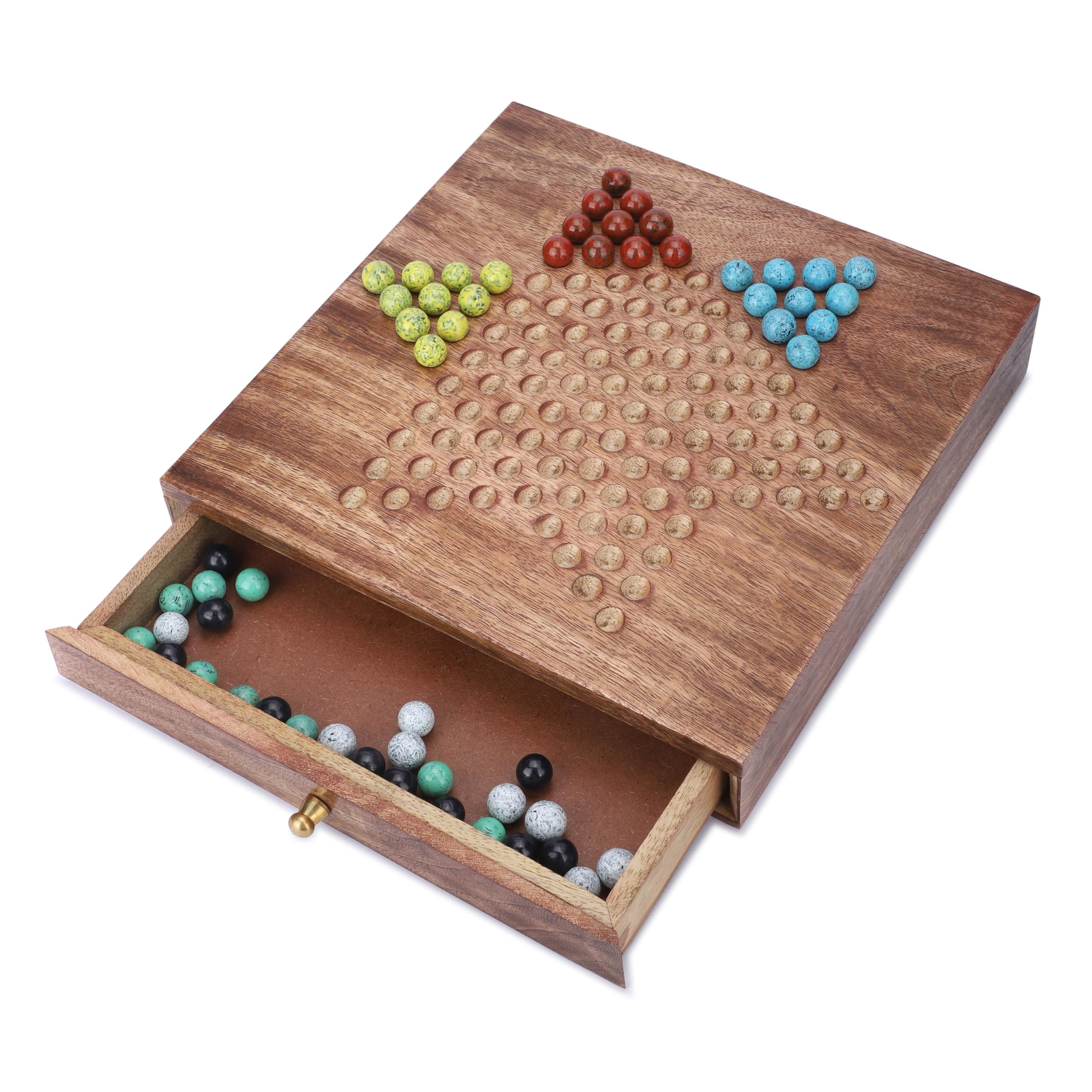 Jeu De Dames Chinoises En Bois Fait Main – Plateau 10 Pouces Avec Tiroir De Rangement – 60 Billes 6 Couleurs – Déco Vintage