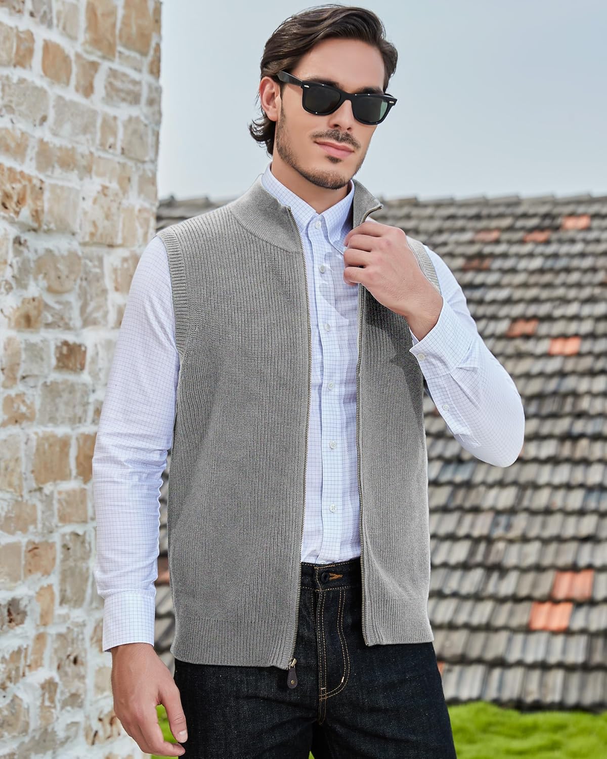 Kallspin Men's Wool Blend Sweater Cardigan Sleeveless Full Zip Cardigan Knit Classic Warm Wool Vest Sweater - Image 5