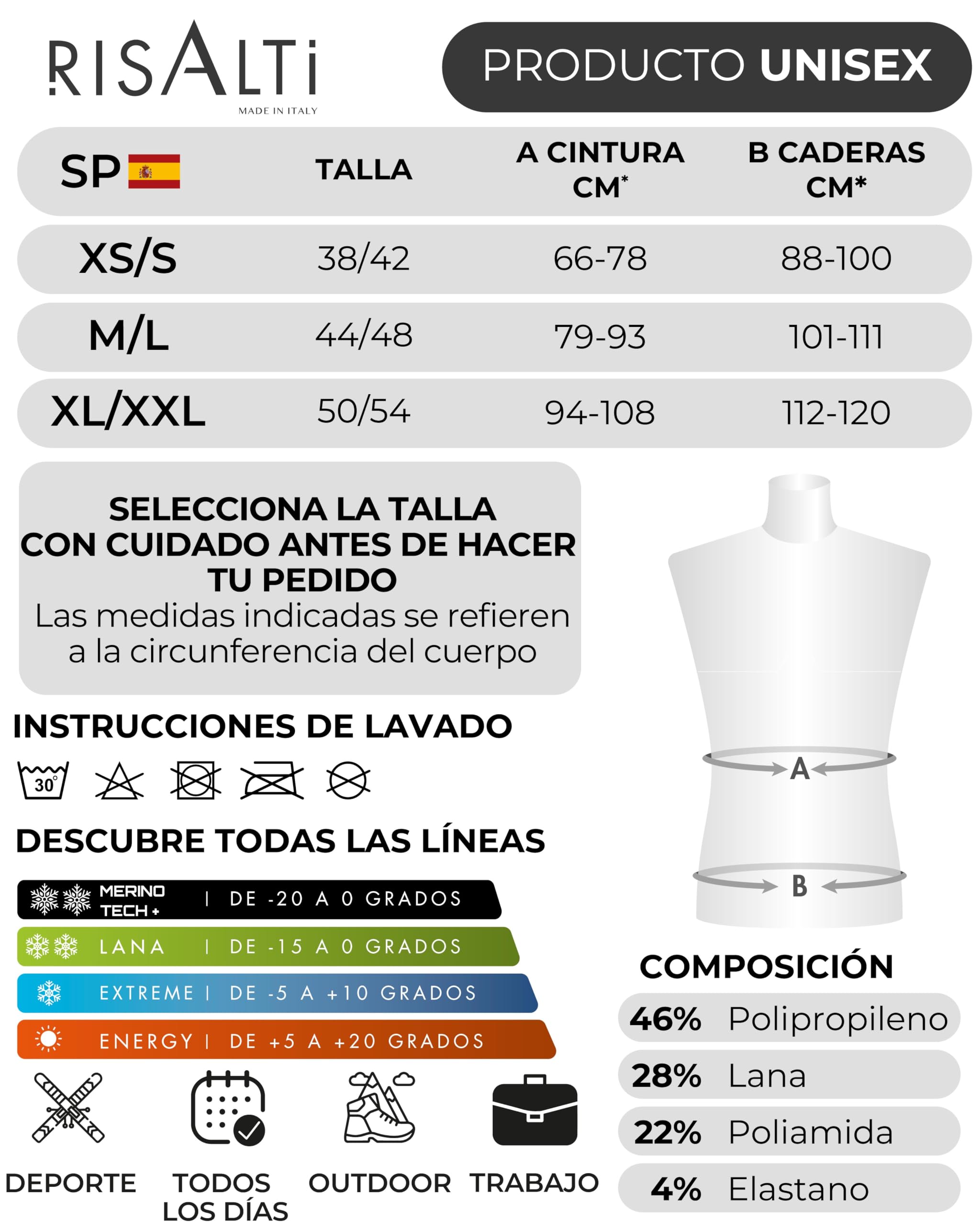 Risalti Ropa Termica Hombre Mujer Lana Merino – Conjunto Térmico Camiseta y Mallas Unisex con Cuello De Regalo, Ropa Interior Térmica Seamless Transpirable y Termorreguladora – Made in Italy