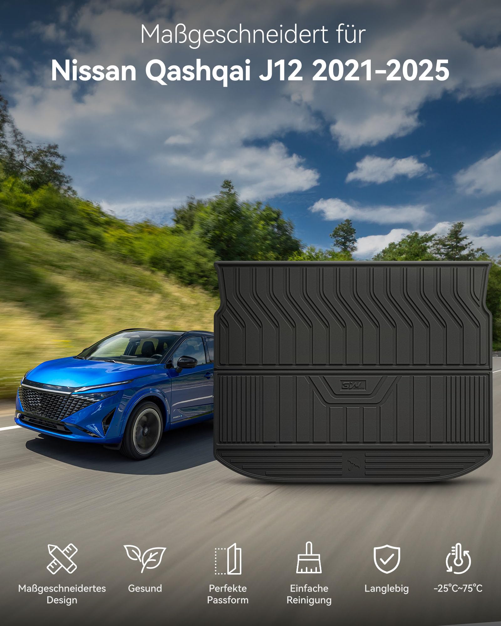 3W Kofferraumwanne für Nissan Qashqai J12 2021-2026 | TPE Thorex™ Allwetter | 3D Maßgeschneiderte Passform | Hundefreundlich Auto Zubehör | Wasserdicht & Kratzfest | Antirutsch