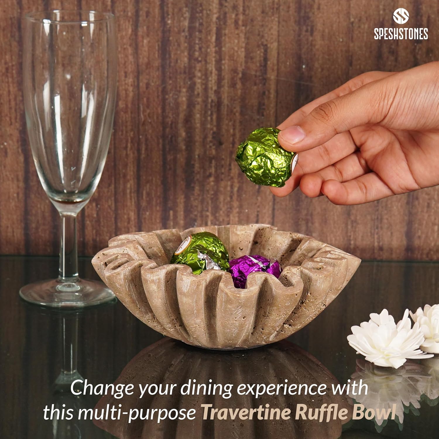 Marble Bowl Handcrafted 6 Inch Key Bowl, Travertine Small Scallop Catchall for Entry Table, Jewelry Holder, Stone Decorative Ruffle Bowl for Home Decor