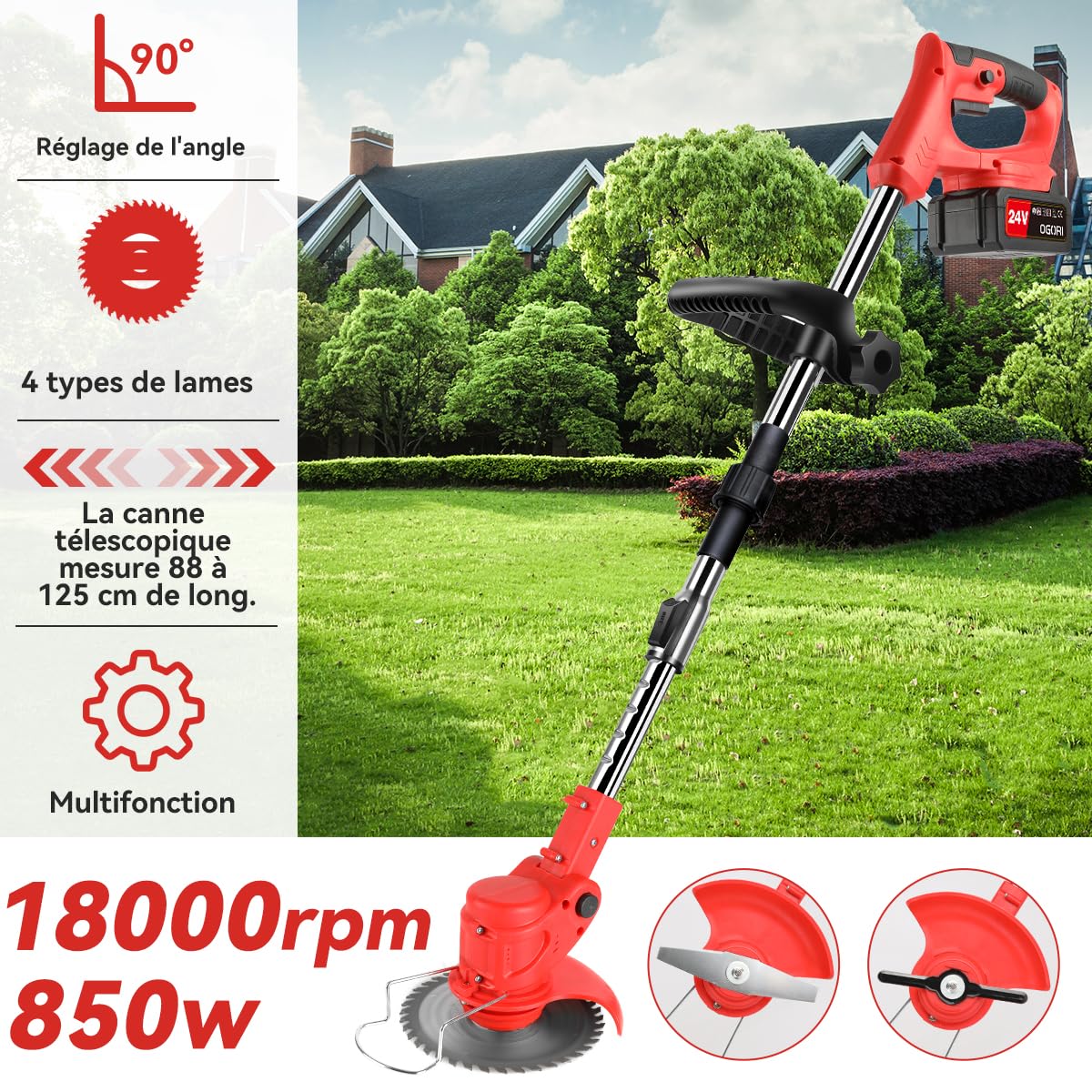 Débroussailleuse à Electrique sans Fil 21V,Coupe Bordure sans Fil avec 2 Batterie 4.0Ah,Debrouissalleuses Batterie avec 4 Types Lames Efficace/Roues pour Tondre Les Pelouses du Jardin Pelouse Ferme
