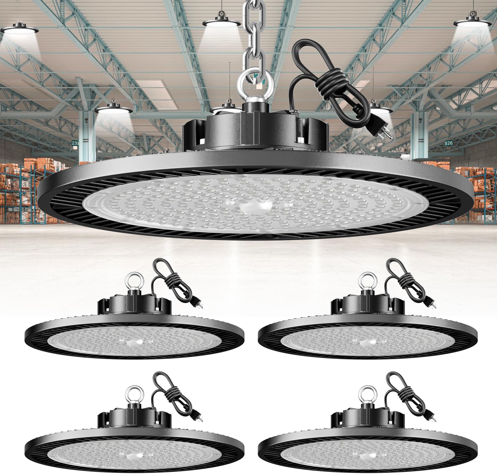 Super Bright 250w Ufo Led High Bay Light 4 Pack,5000k 35000lm High Bay Led Shop Lights With 5' Cable Plug,Hanging Shop Lights Garage Barn Lighting Light With Garage Workshop Factory Barn Warehouse