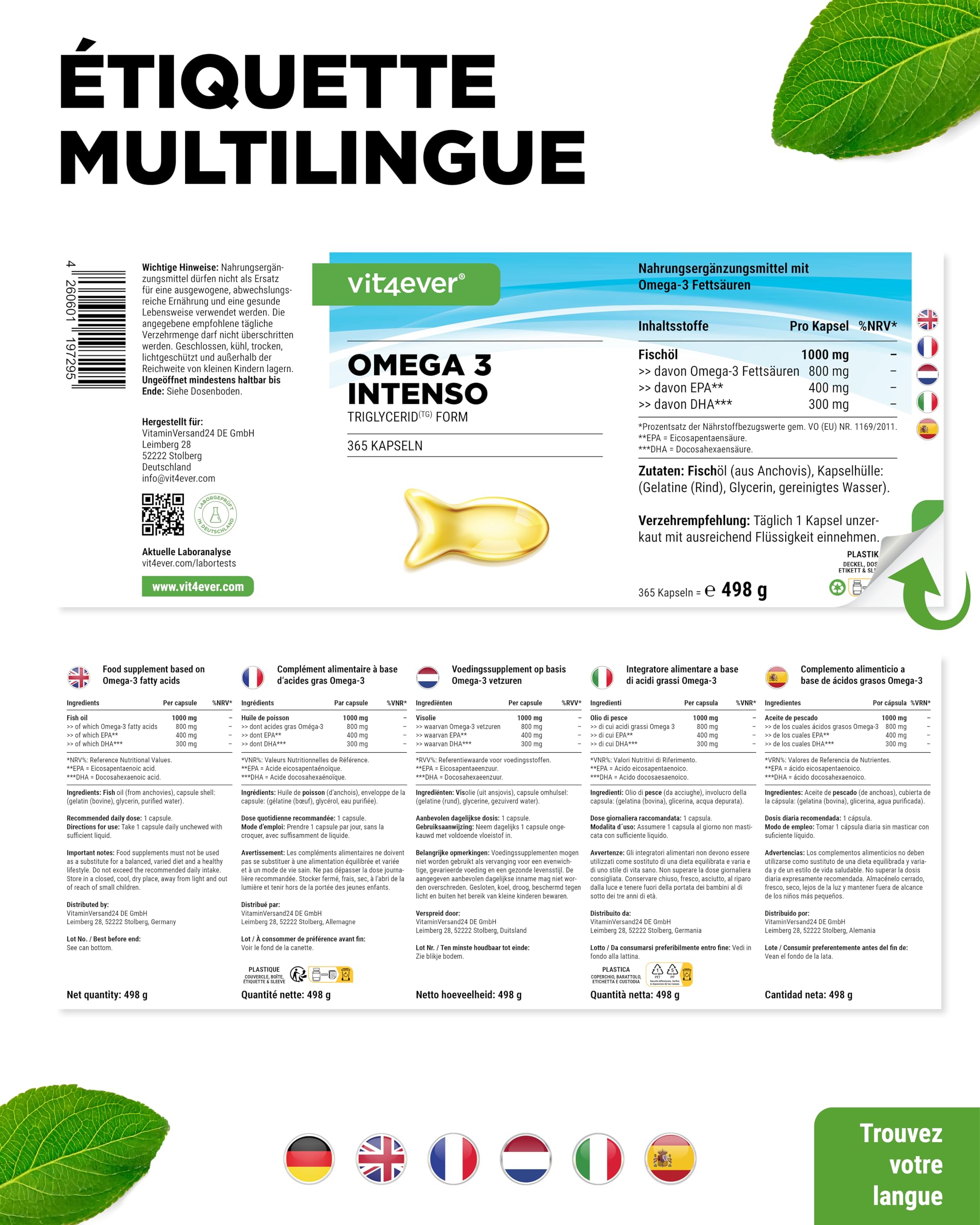 vit4ever Premium Omega 3 avec 80% D'Acides Gras - 365 Gélules | 1000 mg d'Huile de Poisson par Gélule avec EPA & DHA - Forme Triglycéride - Purifié avec Soin à partir de Pêche Durable