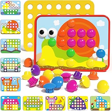 AMOSTING Button Art Toy Educational Color Matching Mosaic Pegboard Sensory Learning Activity for Kids Age 3 4 5, Preschool Gift for Toddlers, Boys and Girls