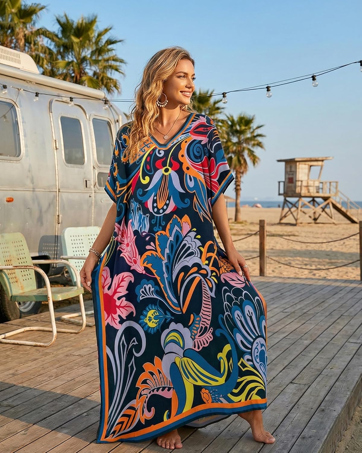 Bsubseach Women Kaftan Dresses Ethnic Print V-Neck Beach Cover Up Plus Size Caftan Loungewear Summer Swimsuit Coverup - Image 4