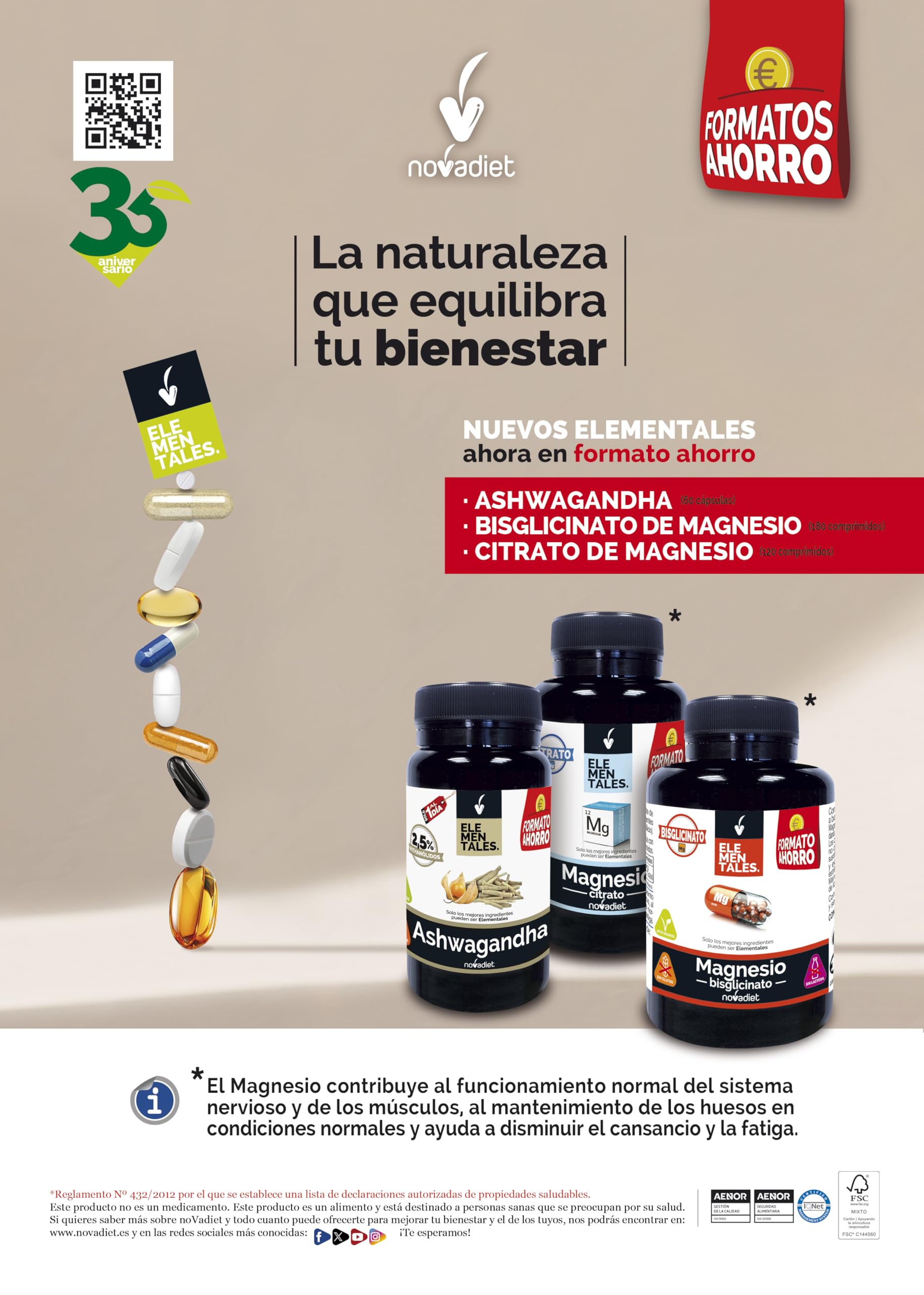 Novadiet - Éléments magnésium - Comprimés avec bisglycinate de magnésium - Format économique - Complément alimentaire - Boîte de 180 comprimés