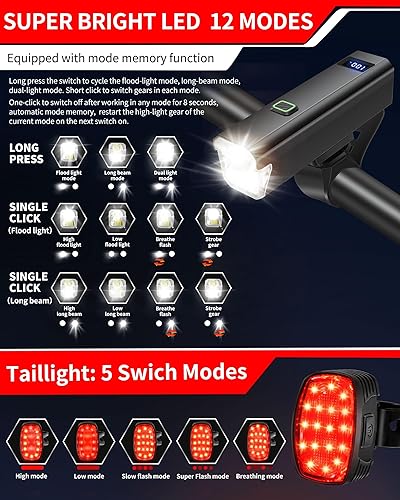 Miniatura 3 de DARKBEAM 6000LM Bike Headlight USB- C Rechargeable, High Lumen Super Bright Bike Light Set for Night Riding, 12+5 Modes Waterproof Bicycle Lights