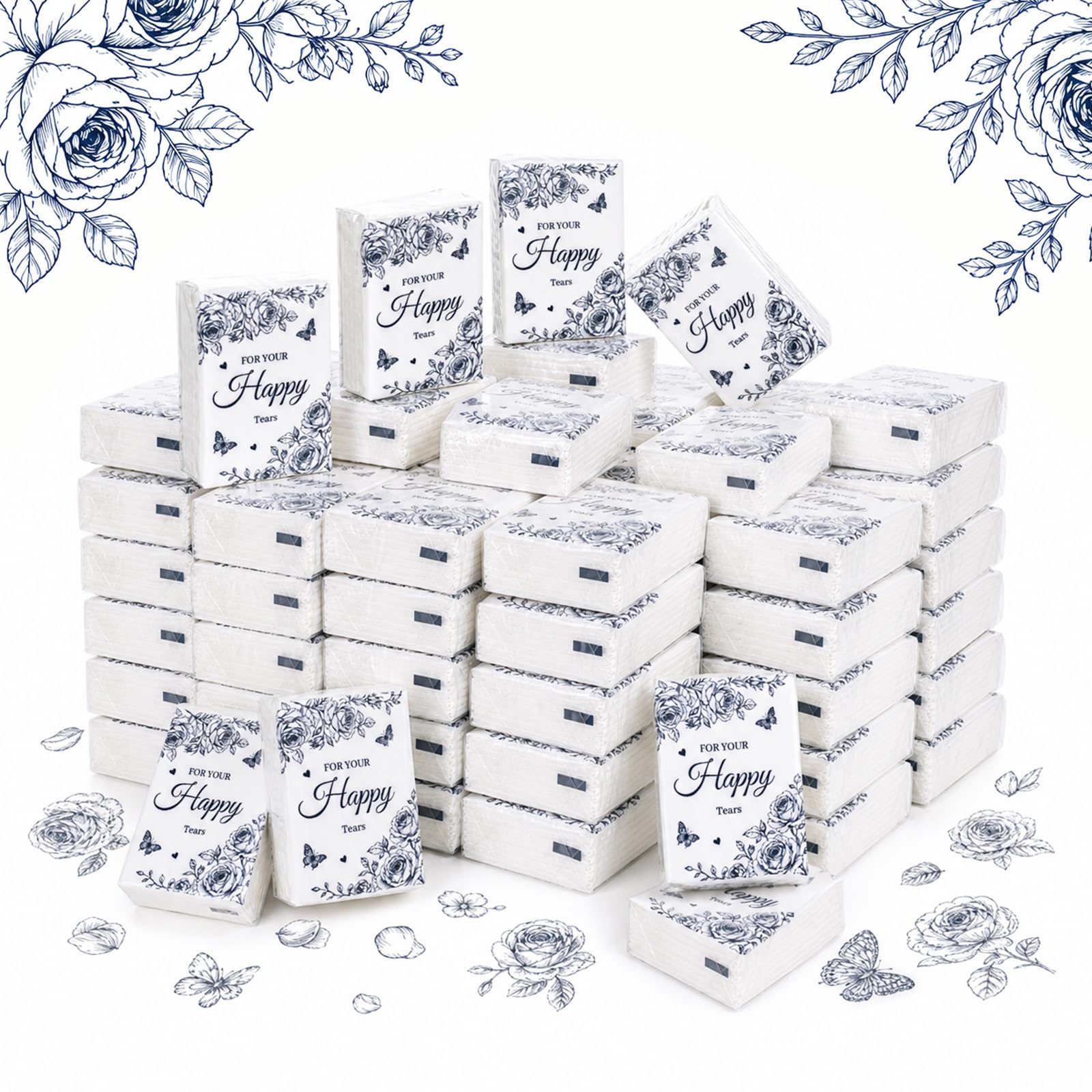 Confezione da 100 fazzoletti di carta con fiori blu, lacrime felici, per