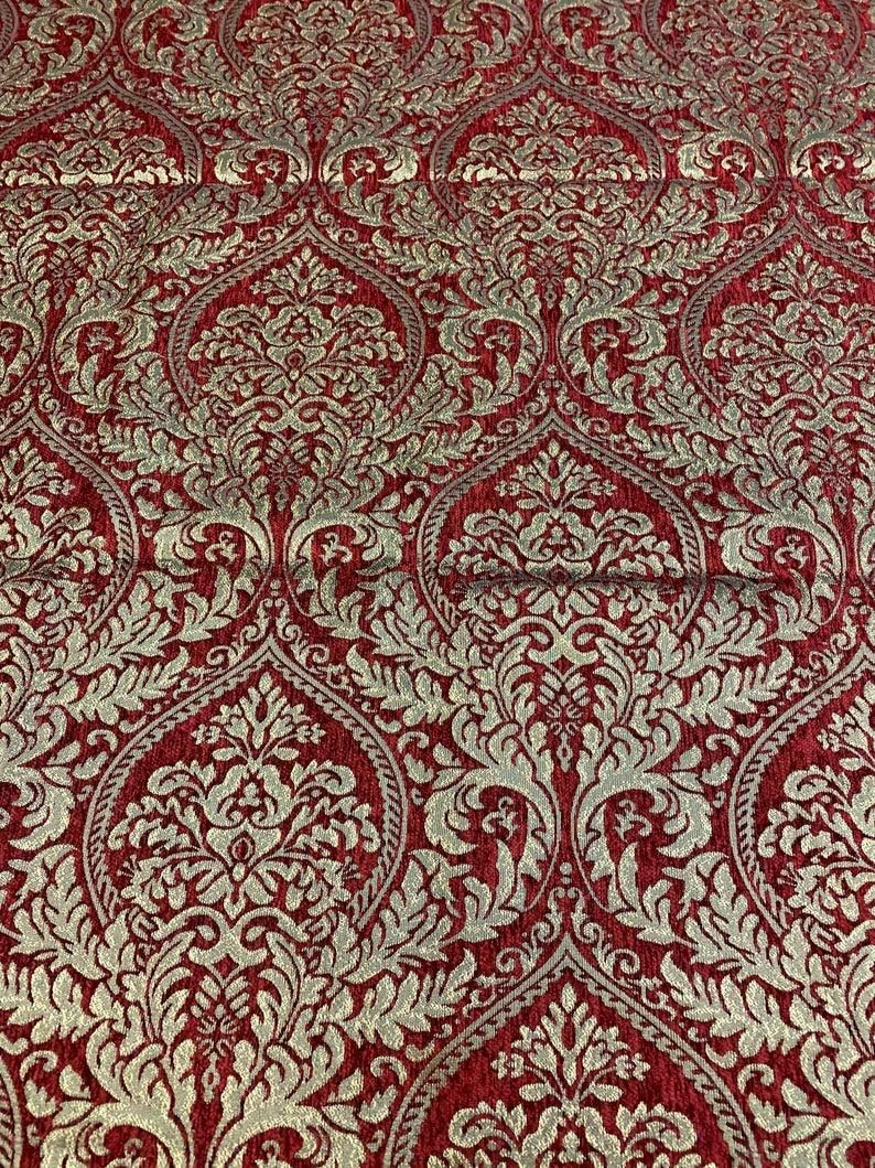 LUVFABRICS Napoli damask Chenille Damask 54 Wide Fabric with upholstery furniture fabric by The yard (GOLD RUBY)