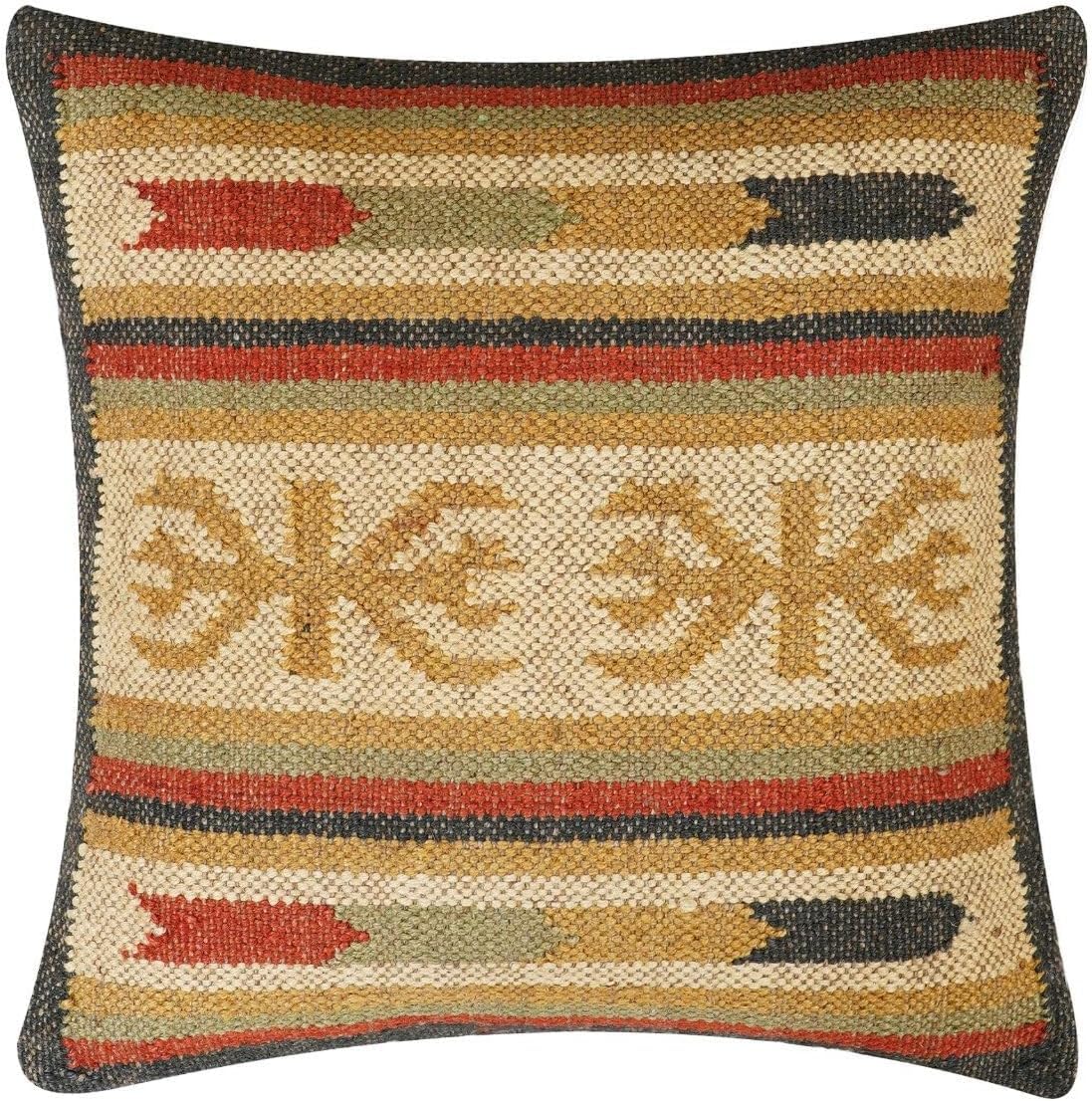 Housse de coussin en laine et jute 45x45 cm tissée main style boho