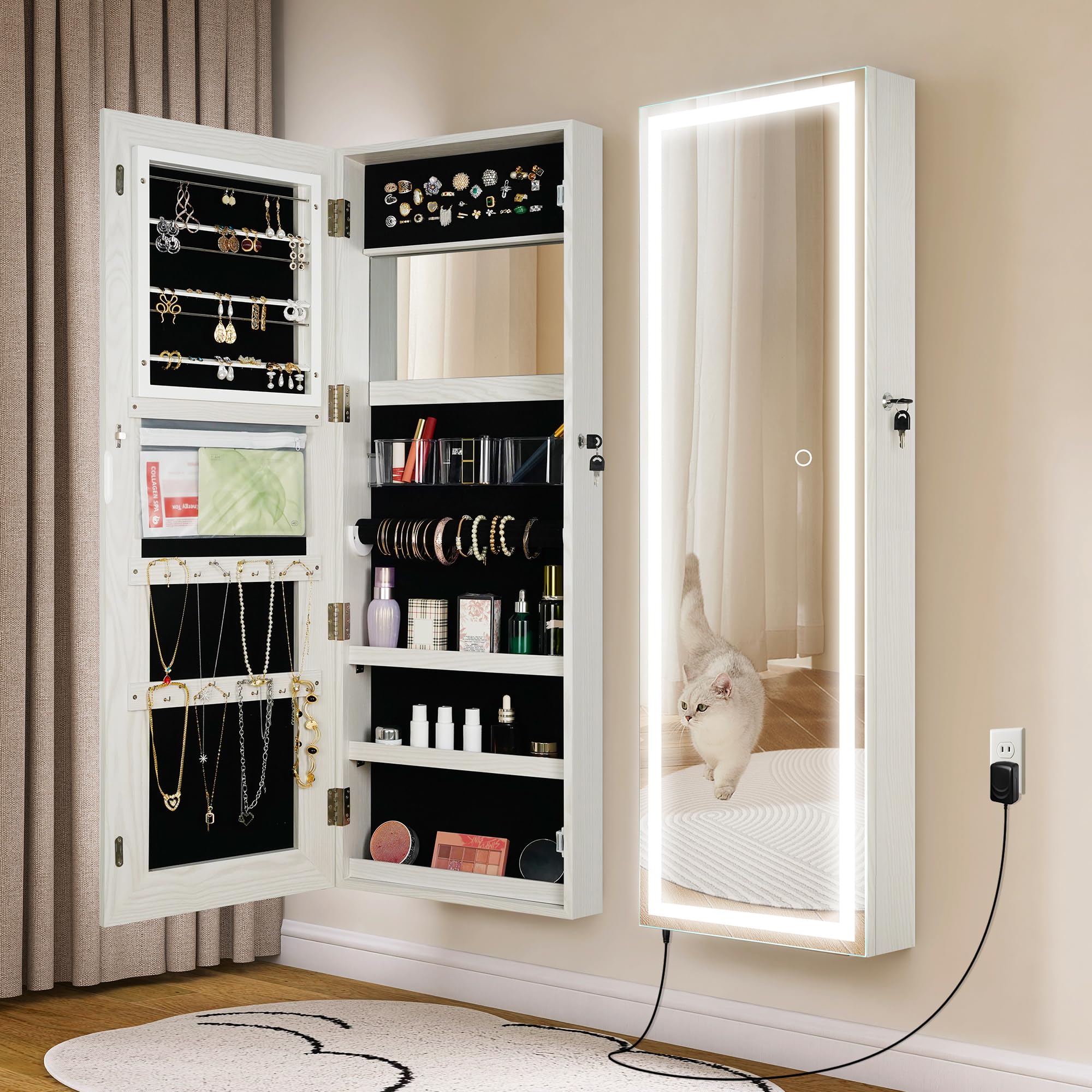 STARLEAD STARLEAD LED Espejo Joyería de Pie, Armario Joyero con Espejo Cuerpo Entero, Joyero de Pared, Cerradura, Regulable, Función Memoria, Forro Terciopelo, Gran Almacenamiento