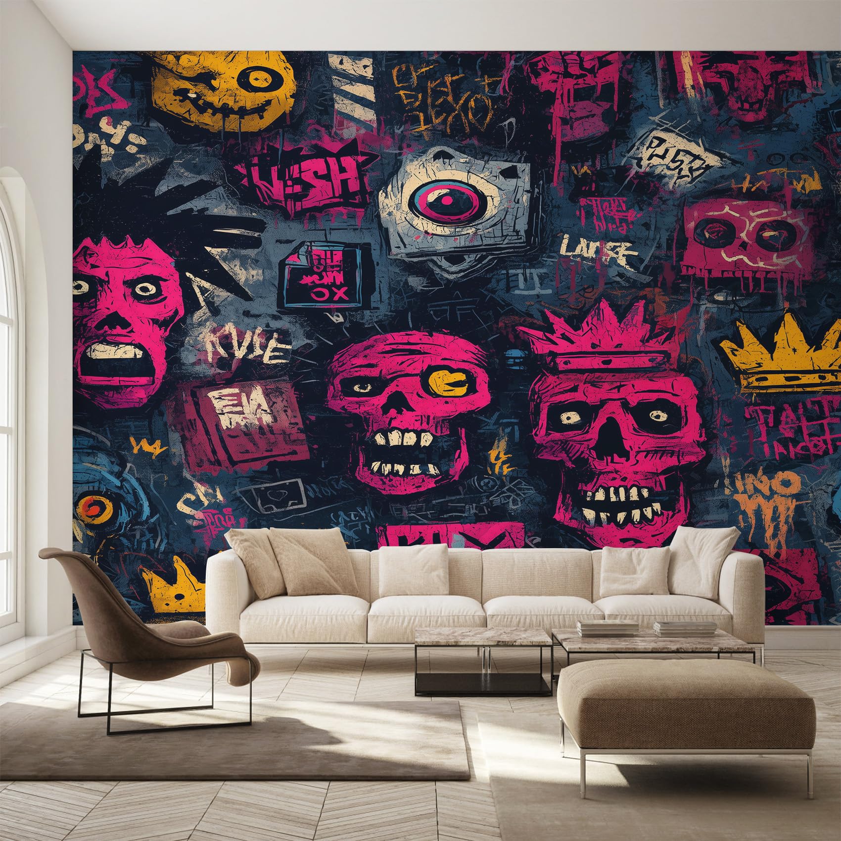 Generico Fotomurali Carta da Parati Graffiti Teschio, Carta da Parati Camera da Letto Scheletro Hip Hop Street Art Soggiorno Decorazioni Parete Tessuto Non Tessuto 280x200 W45