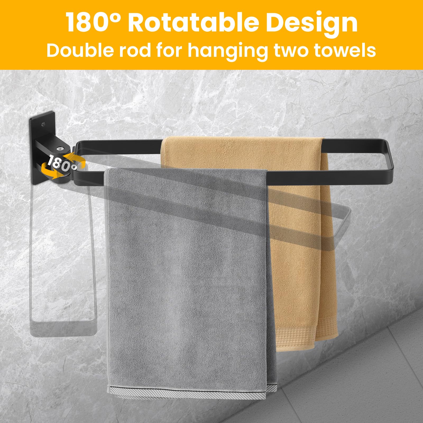 JIZZU Porte-Serviettes 180° Pivotant Salle de Bain, Double Barre Support Mural en Alliage d'Aluminium avec Vis et Adhésif, 32,5 cm, sans Perçage ou Perçage (Noir Mat)