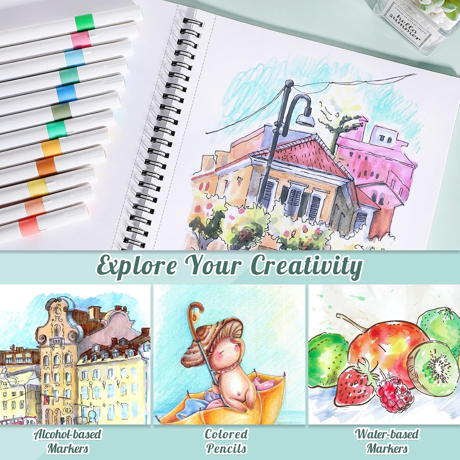 50 Sheets Marker Paper Pad, 8.3×11.7 Inch Bleedproof Art Sketch Pad, 73lb/120gsm Drawing Paper Spiral Sketch Book, Alcohol Marker Paper Painting Coloring Paper for Beginners, Artists, Gift