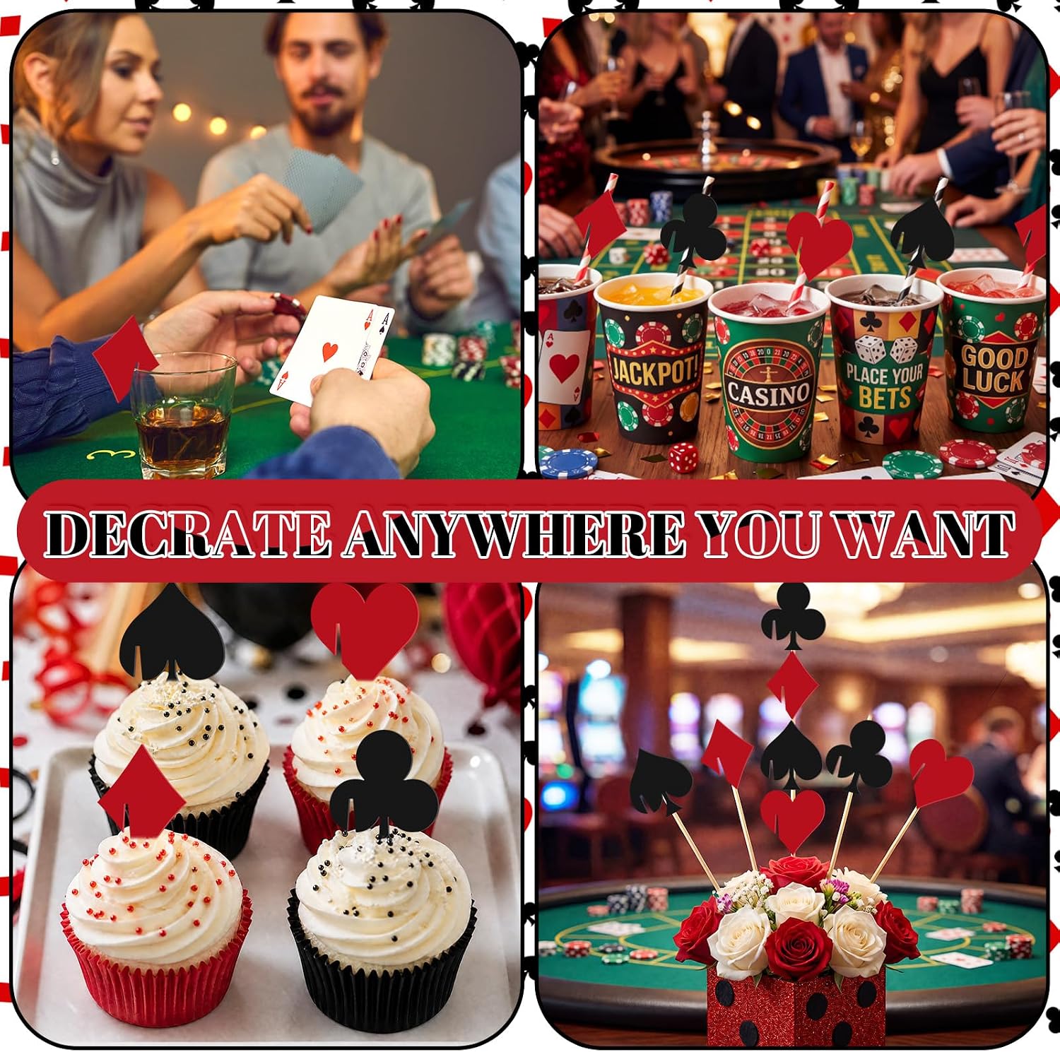 Yungyan 36 Pcs Casino Party Decorations Poker Wine Glass Charms Las Vegas Acrylic Diamonds Spades Clubs Hearts Drink Markers Drink Garnish for Game Night Dice Vegas Party Supplies