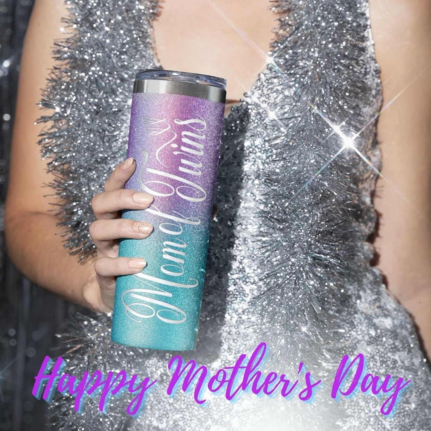 Onebttl Twin Mom Gifts, Mother Mom of Twins, Birthday Gifts, Stainless Steel Tumbler 20oz - Glitter Blue&Purple - Image 4