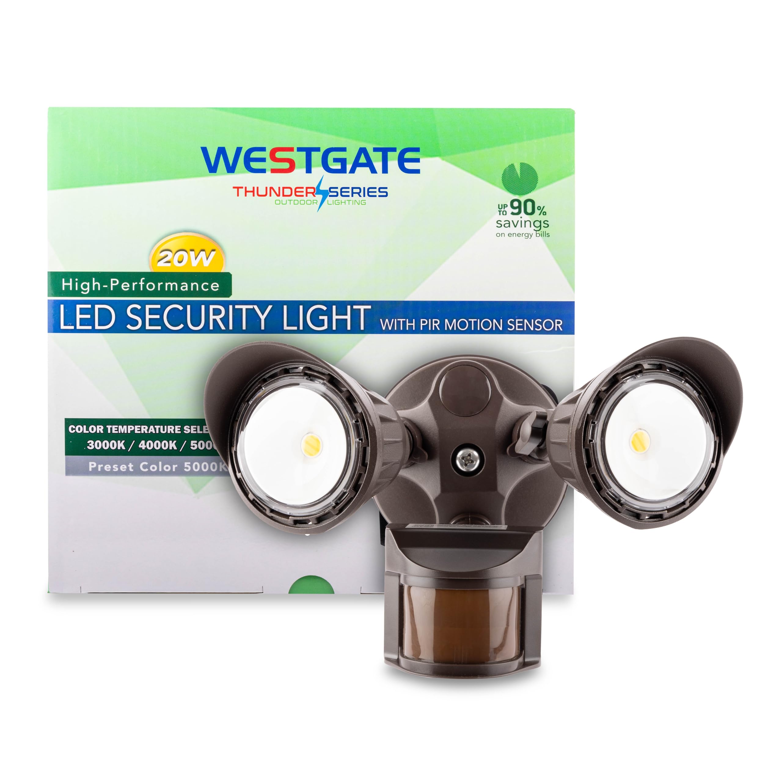 Westgate SL-20W-MCT-BZ-P LED Security Light with PIR Motion Sensor - Dark Bronze Finish, Color Temperature Selectable, 3000K, 4000K, 5000K, 20W, 100-277V, Motion Sensor Outdoor Lights