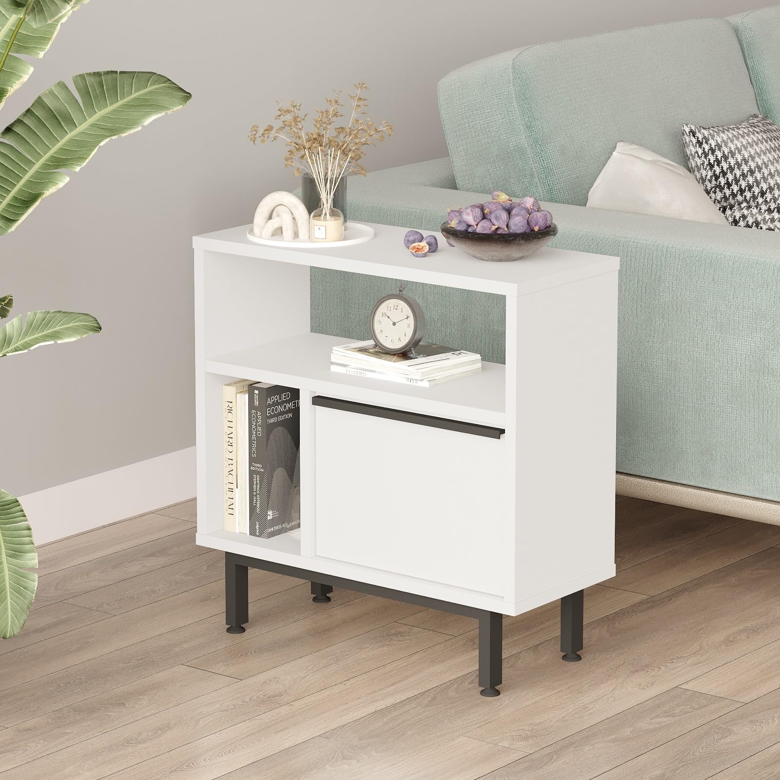 Hanah Home Stylowy stolik boczny o wymiarach 60 x 60 x 25,5 cm, 100% pokryta melaminą, grubość 18 mm, wytrzymałe metalowe nogi, idealne do nowoczesnych przestrzeni życiowych