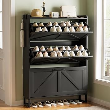 Urban Deco Entryway Shoe Storage Cabinet with 3 Flip Drawers, Elegant Stable Freestanding Shoe Organizer, Anti-Tipping Design Black
