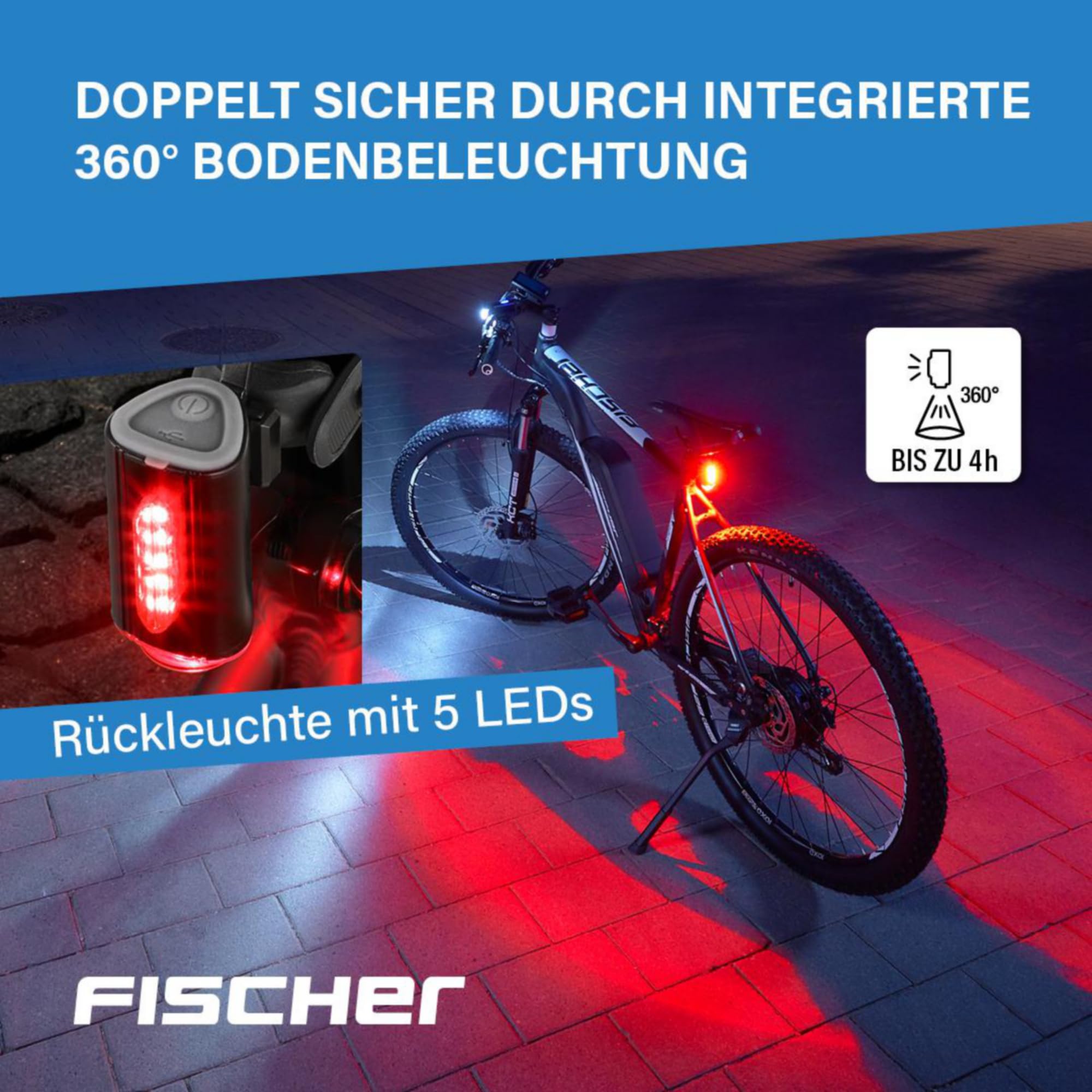 Fischer Zestaw oświetlenia LED do roweru Twin z innowacyjną lampą podłogową 360° zapewnia lepszą widoczność i ochronę, światło przednie