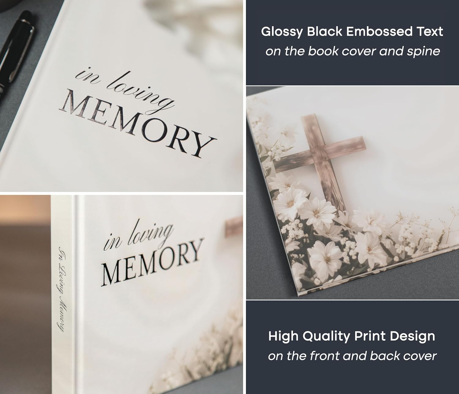Cross Hardcover Funeral Guest Book - 9.5 x 7 Celebration of Life Guestbook for Memorial Service with 5x7 Paper Sign, Pen, Black Photo Corner Stickers