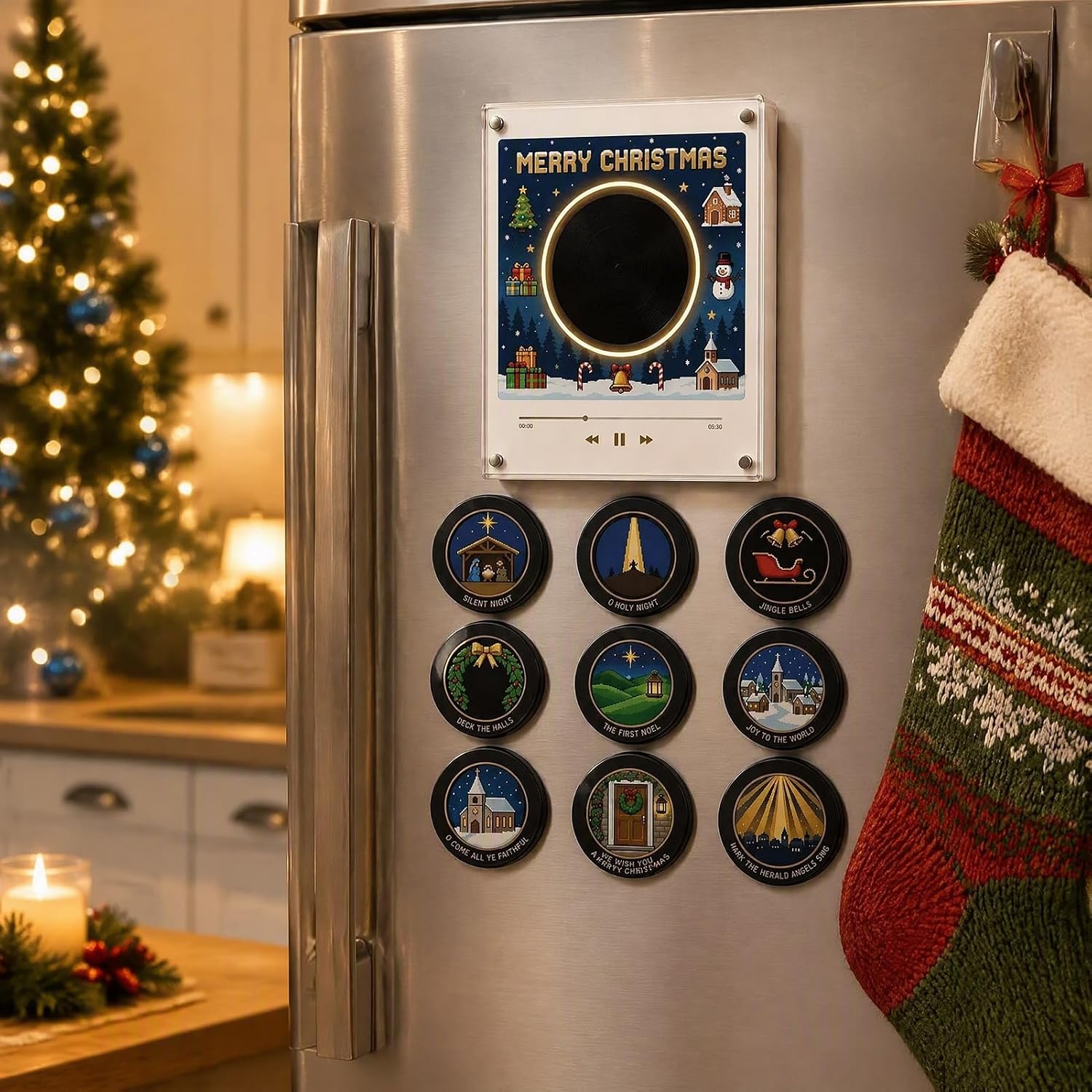 Christmas Fridge Magnet Music Player Set with 9 Vinyl NFC Records and USB