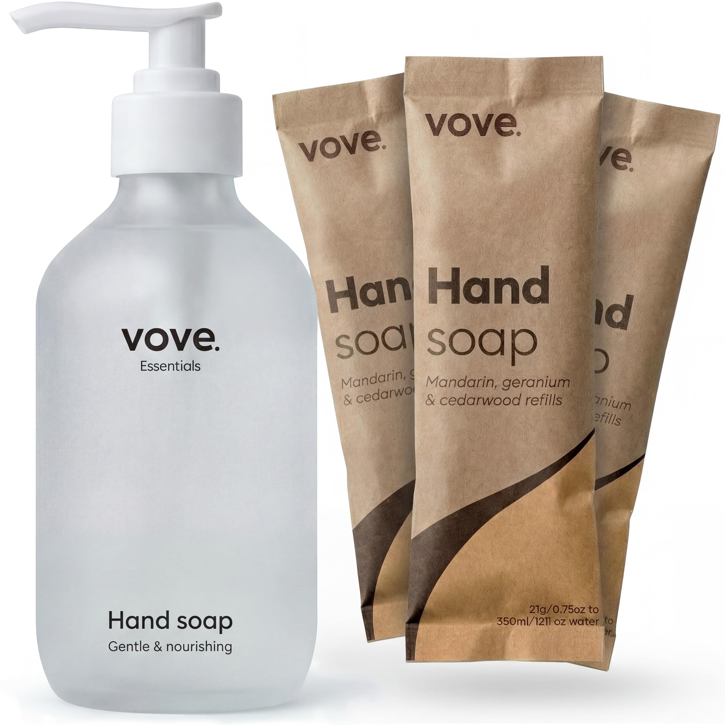 Vove Hand Soap Starter Set with Refillable Light Glass Pump Bottle & 3 Refills, Mandarin Geranium & Cedarwood, Powder-to-Gel with Aloe Vera & Cactus