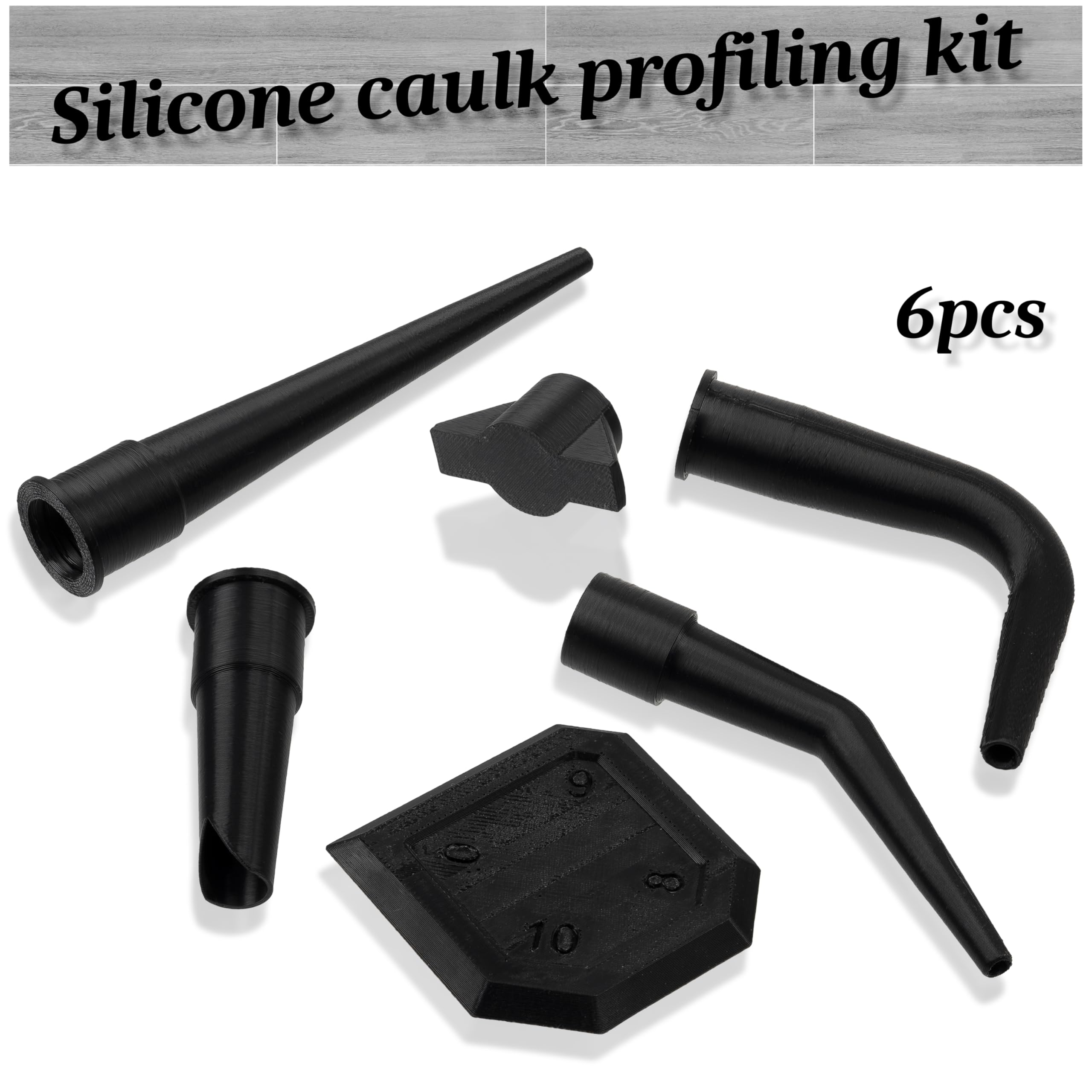 AERZETIX - Kit di 4 beccucci (2 dritti, 1 a 140°, 1 a 90°) per cartuccia di silicone + 1 spatola per lisciare le giunzioni + 1 tappo | in plastica nera