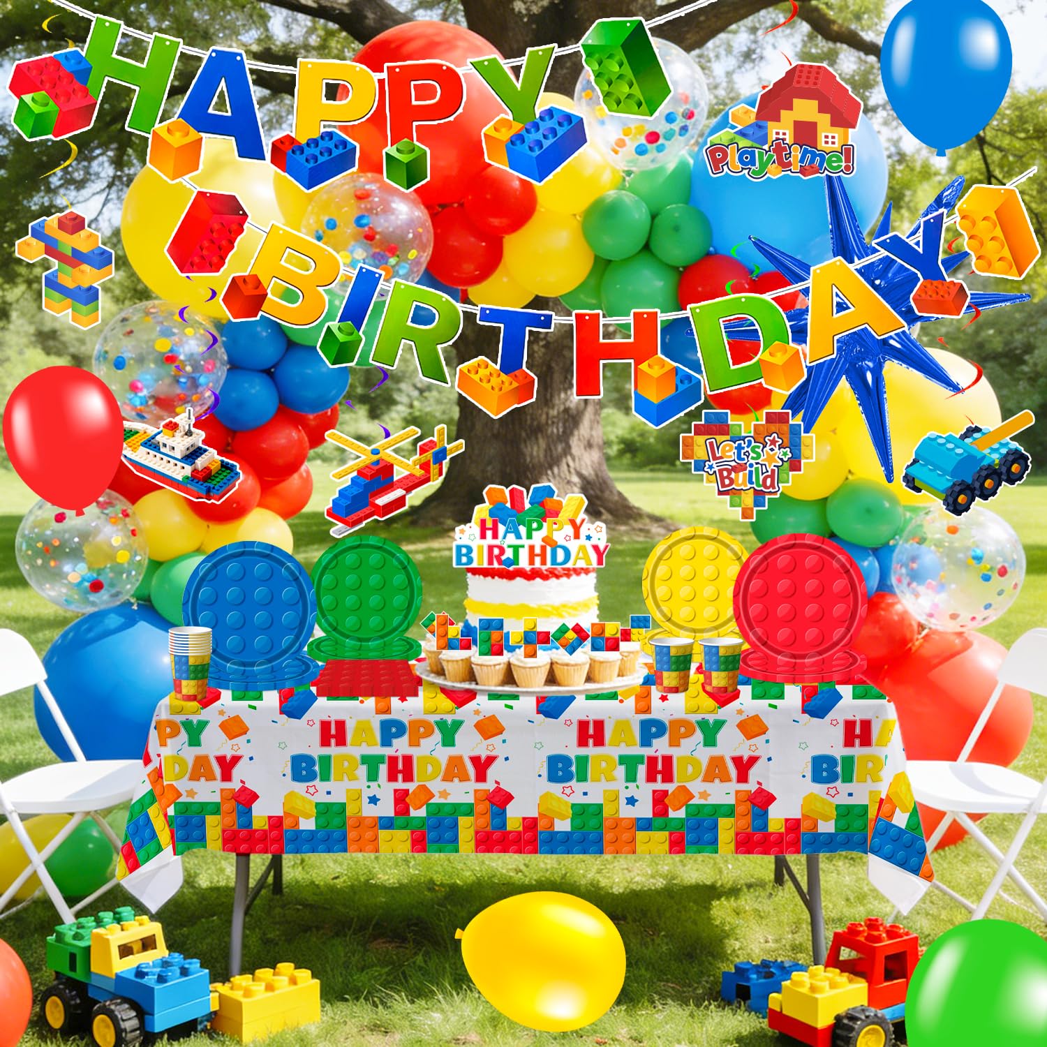 Blocchi di Costruzione Forniture per Feste,114 Pezzi Building Block Decorazione per Feste Set Banner di Compleanno Building Block Tovaglia Piatti Palloncini etc Forniture per Feste Building Blocks