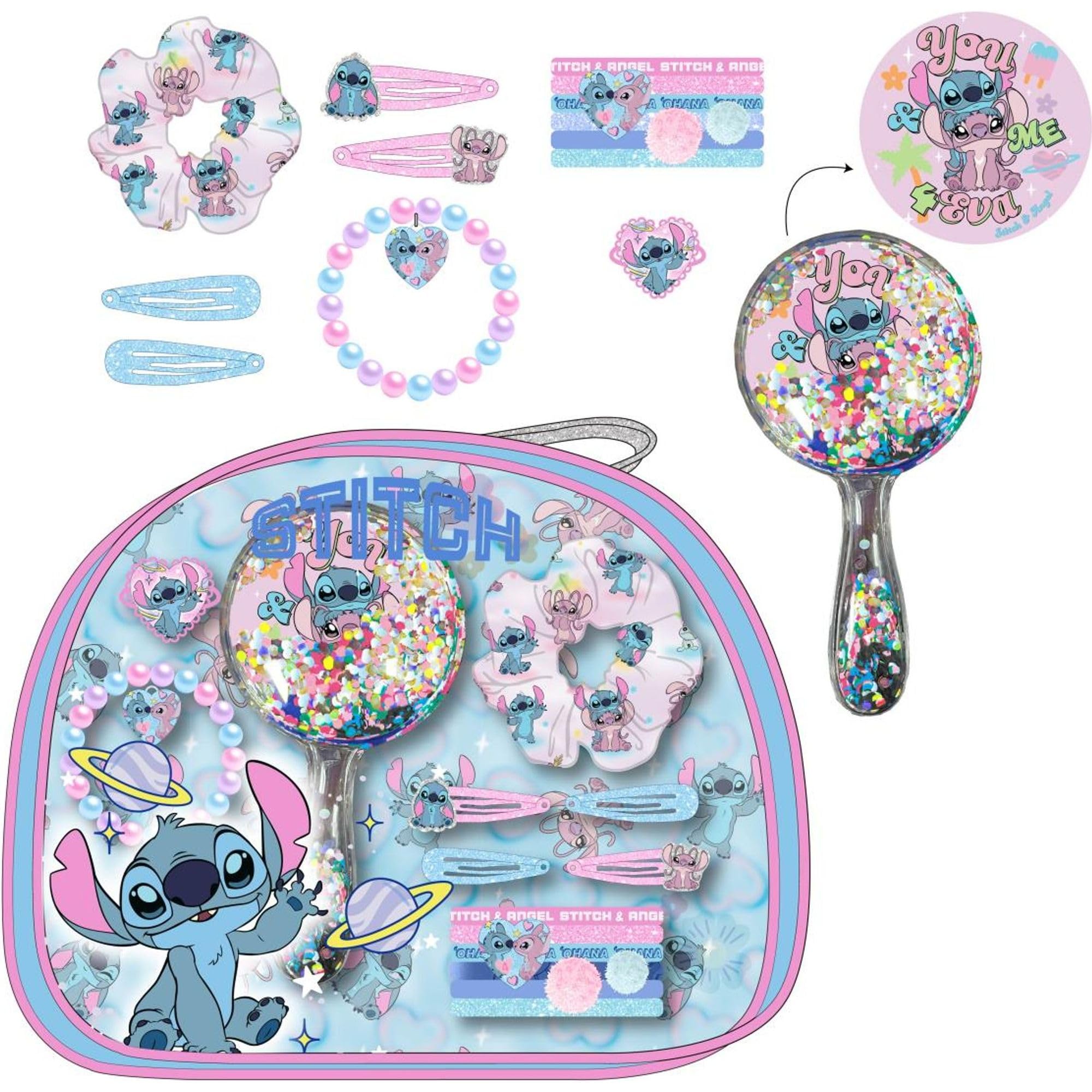 Disney Stitch Kids Beauty Set including Clear Toiletry Bag, Liquid Mirror, Scrunchies, Tweezers and Bracelet