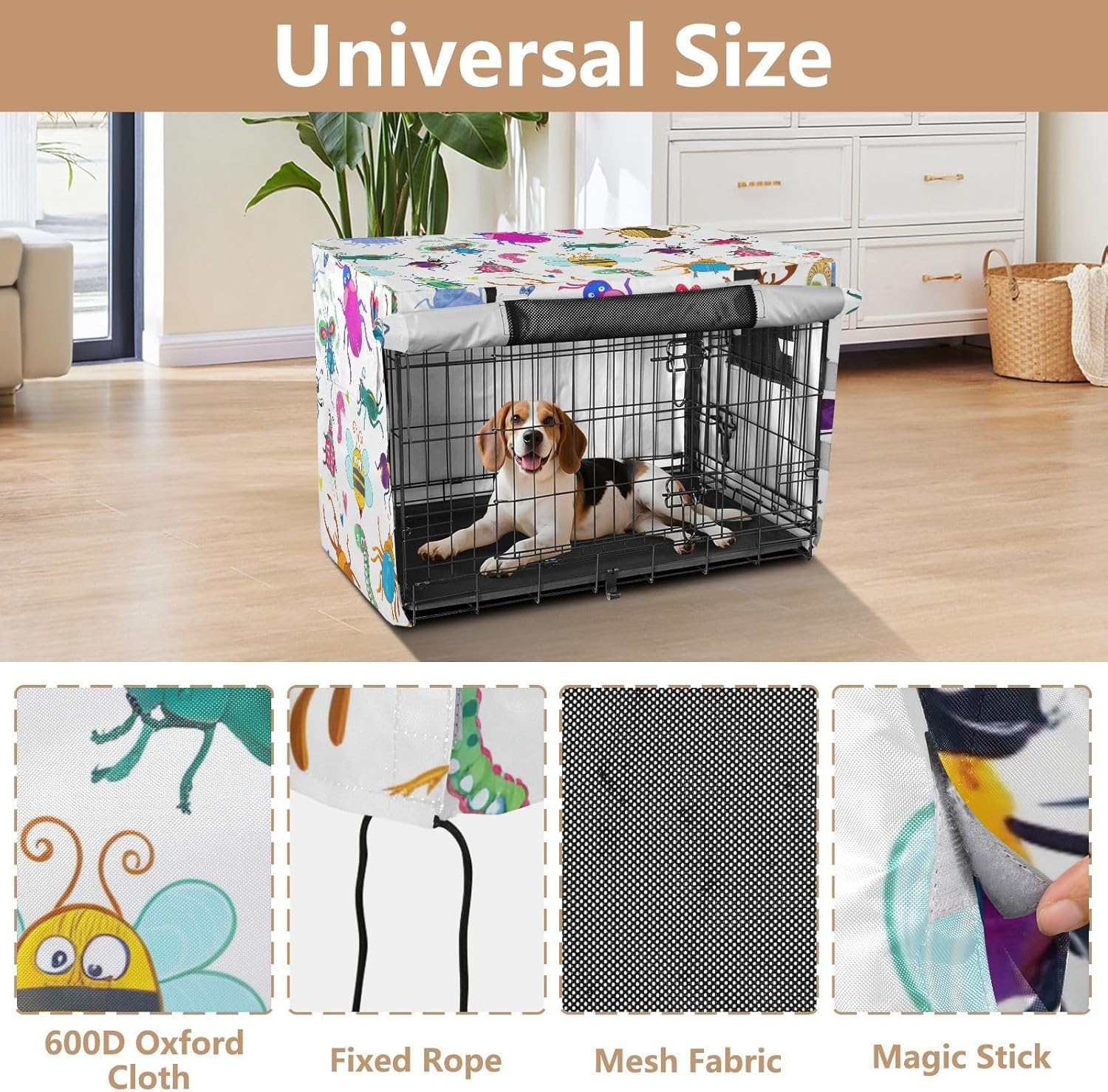 Colorful Cartoon Insects Dog Crate Cover Easy to Install, Crate Cover for Pet Owners, Large