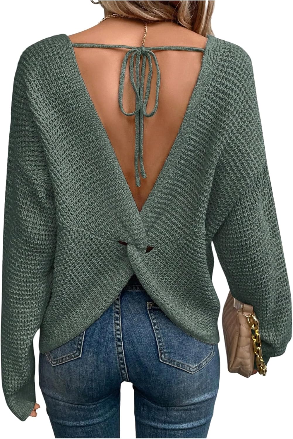 Verdusa Women's Open Back Sweater Waffle Pullover Knit Tops Twist Tie Cropped Sweaters Dailywear