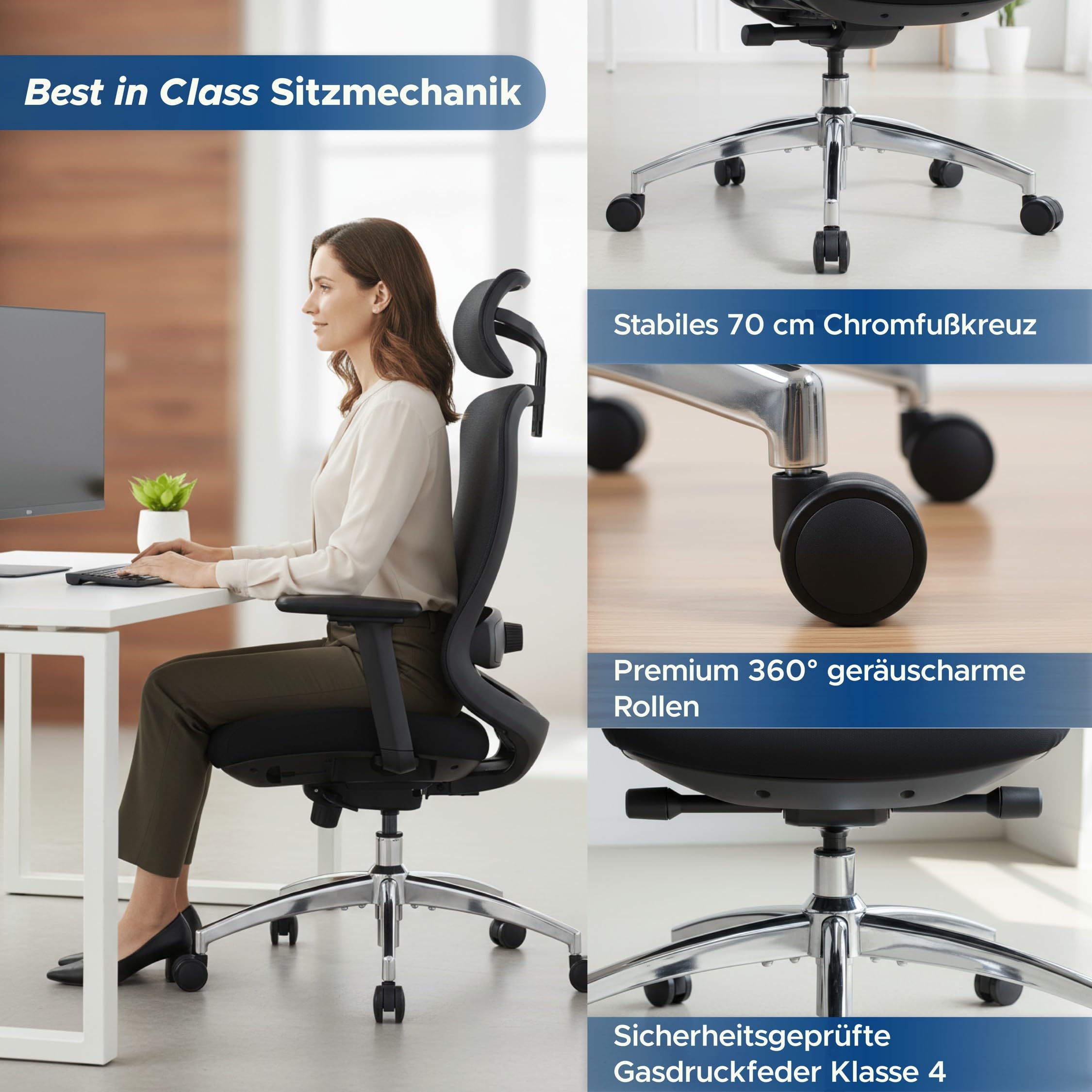 TITANO E5 | Ergonomischer Bürostuhl mit Neigungsfunktion, 4D-Armlehnen, Lendenwirbelstütze & Kopfstütze – Drehstuhl für Home Office & Büro | 150 kg Belastbar | Ergonomic Schreibtischstuhl