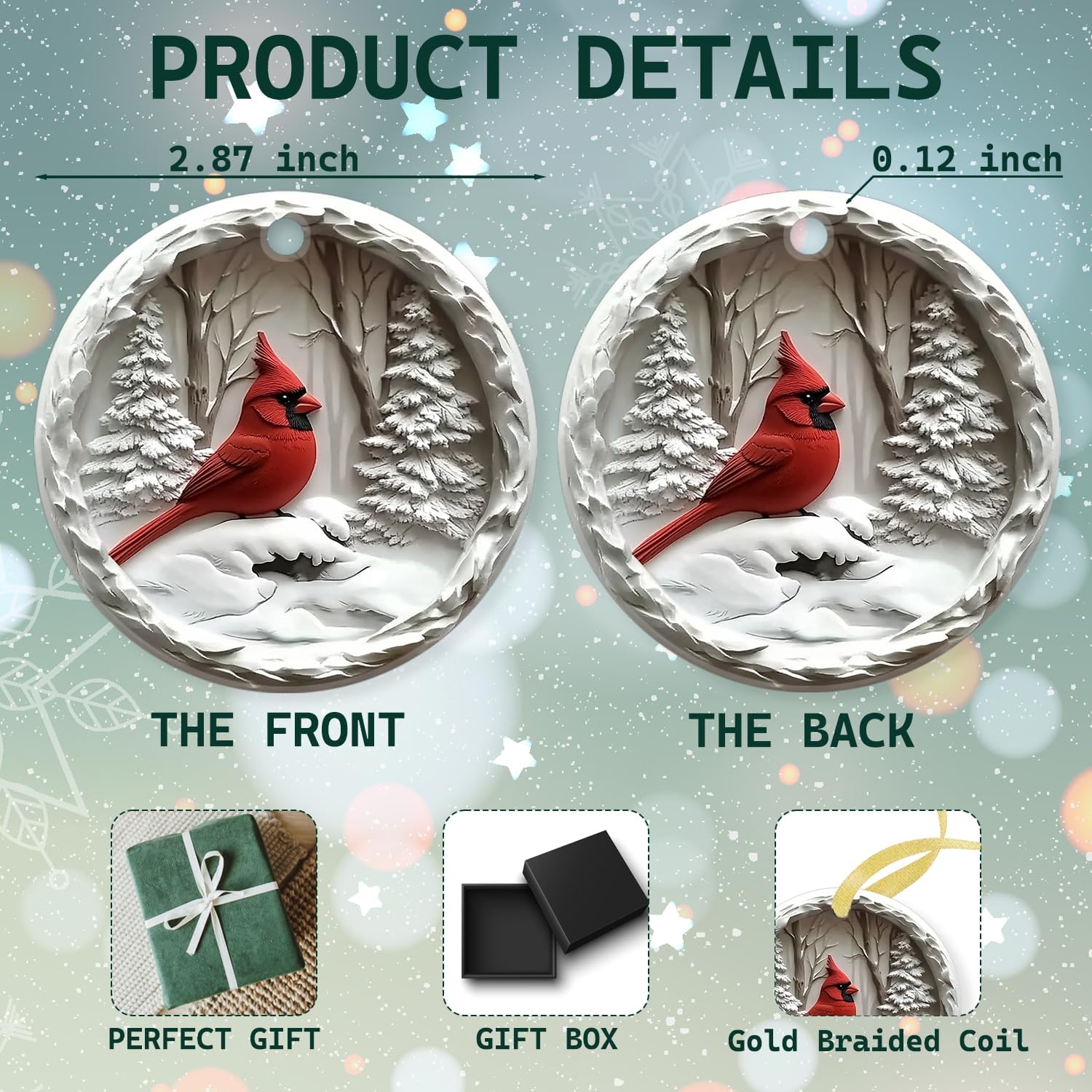 Winter Red Cardinal Christmas Tree Ornaments, Red Cardinal Christmas Decorations, Rustic Winter Snowfield Bird Art Ceramic Hanging Xmas Ornaments with 3D-Look Printed Design - Image 2