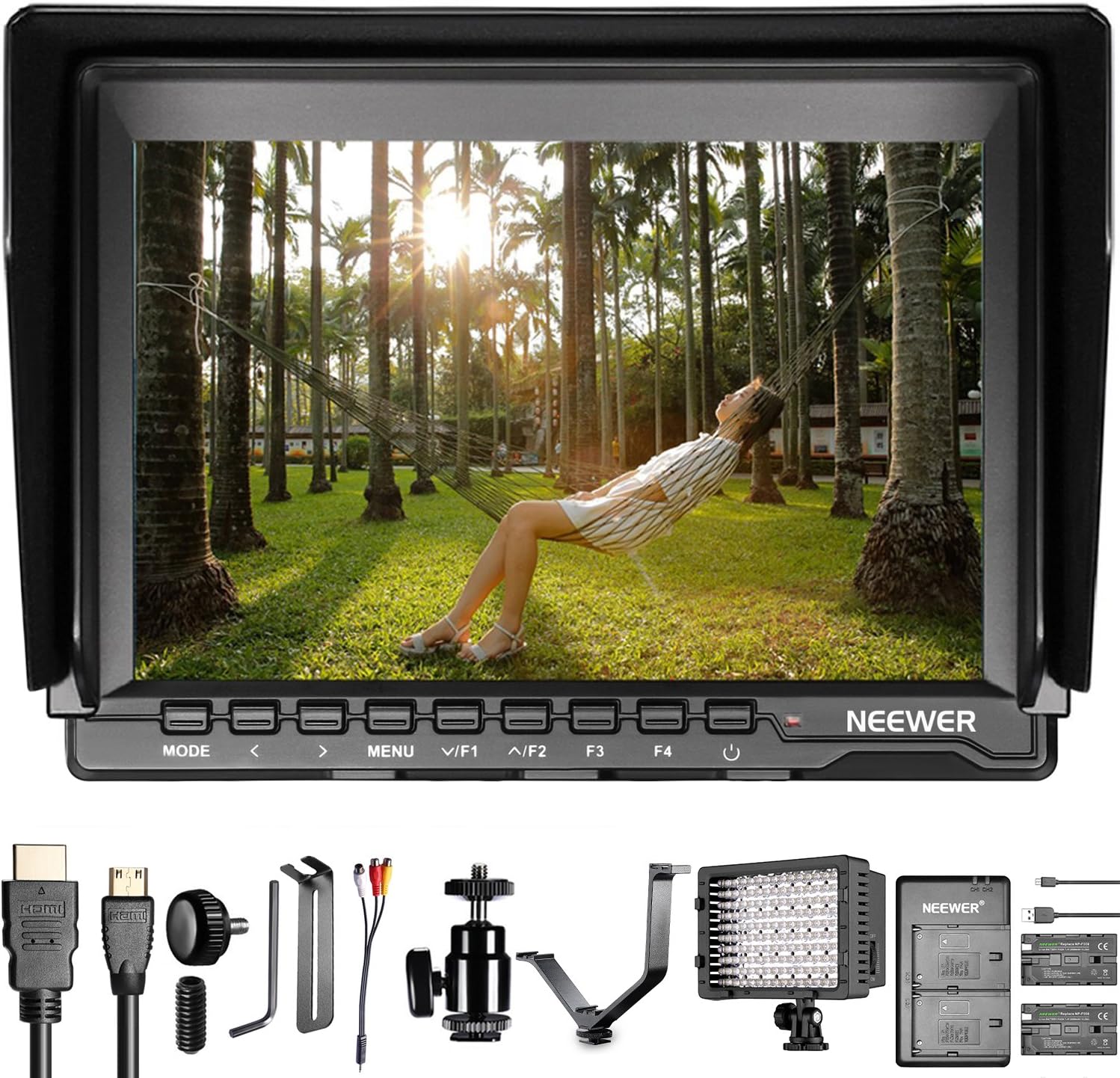 Neewer LED Light Monitor Kit for Cameras: Field Monitor with a 7โ IPS Screen with a 1280 x 800 resolution, Dimmable LED spotlight, Replacement Battery with Charger/Mounting Bracket