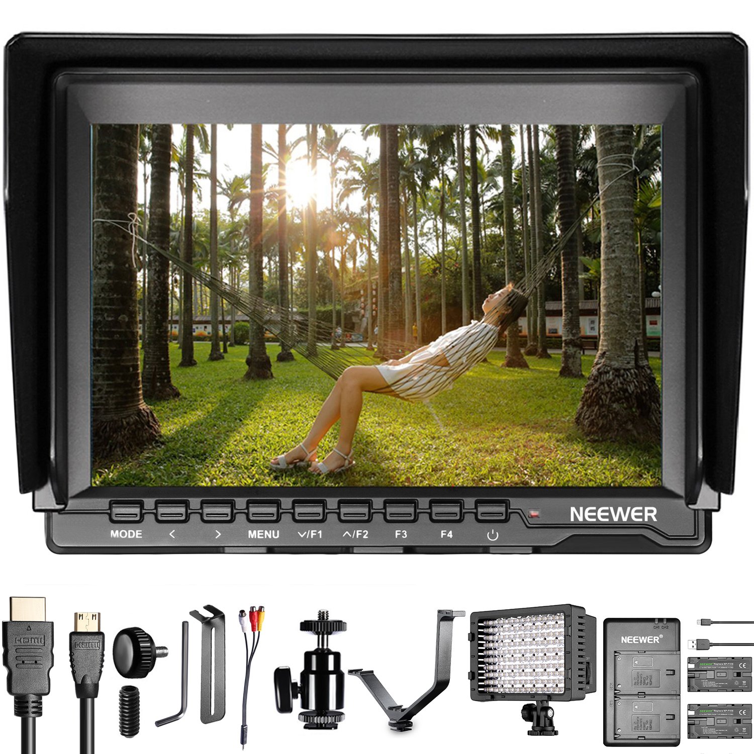 Neewer LED Light Monitor Kit for Cameras: Field Monitor with a 7” IPS Screen with a 1280 x 800 resolution, Dimmable LED spotlight, Replacement Battery with Charger/Mounting Bracket