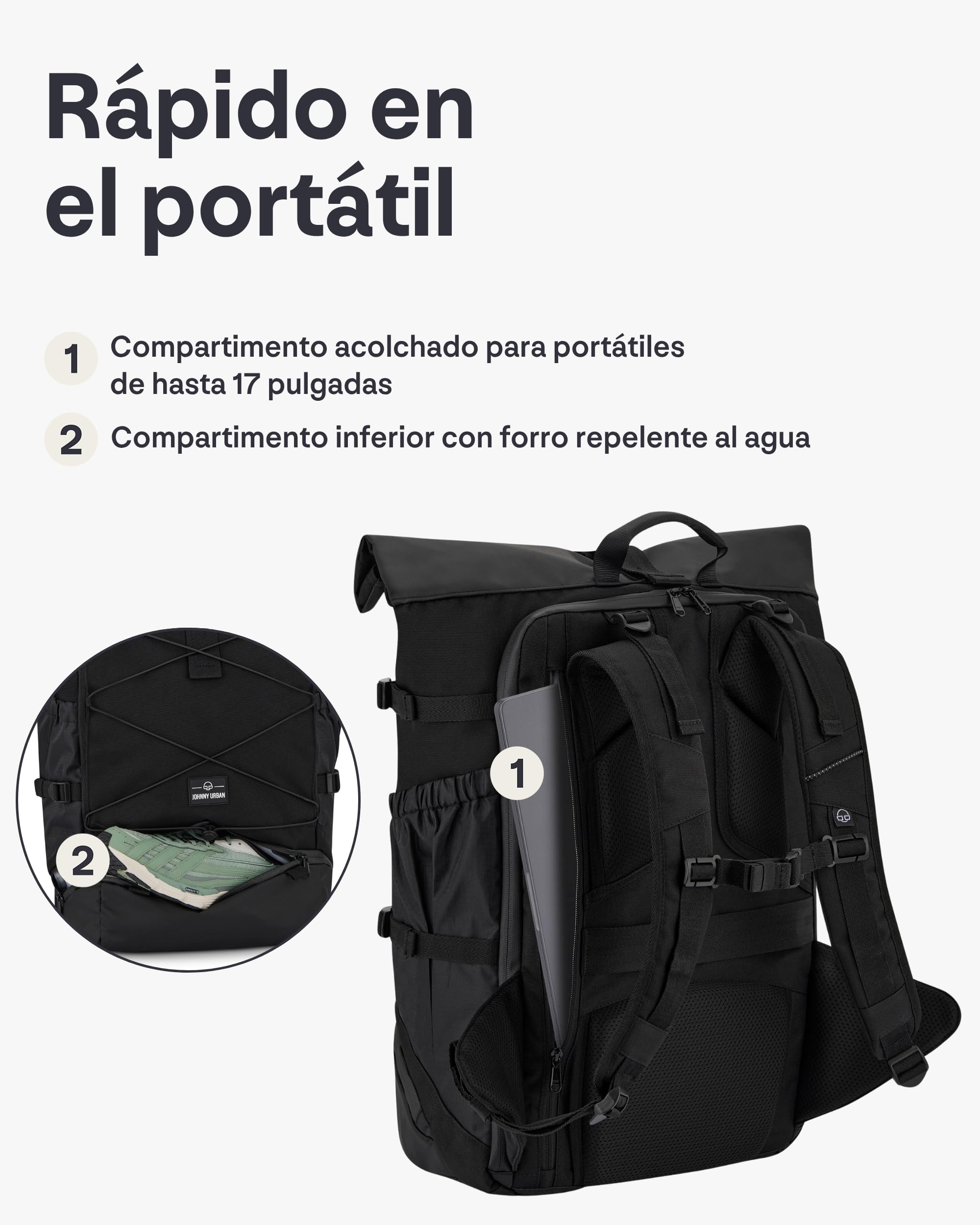 Johnny Urban Mochila de Viaje Mujeres y Hombres - Allen Travel L - 37L Rolltop Backpack Large - Bolsa Ideal para Viajes Senderismo Excursiones - Repelente al Agua